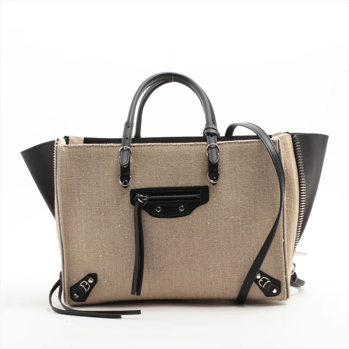 Paper Mini Canvas x Leather 2WAY Handbag Beige x Black 370926 with Mirror