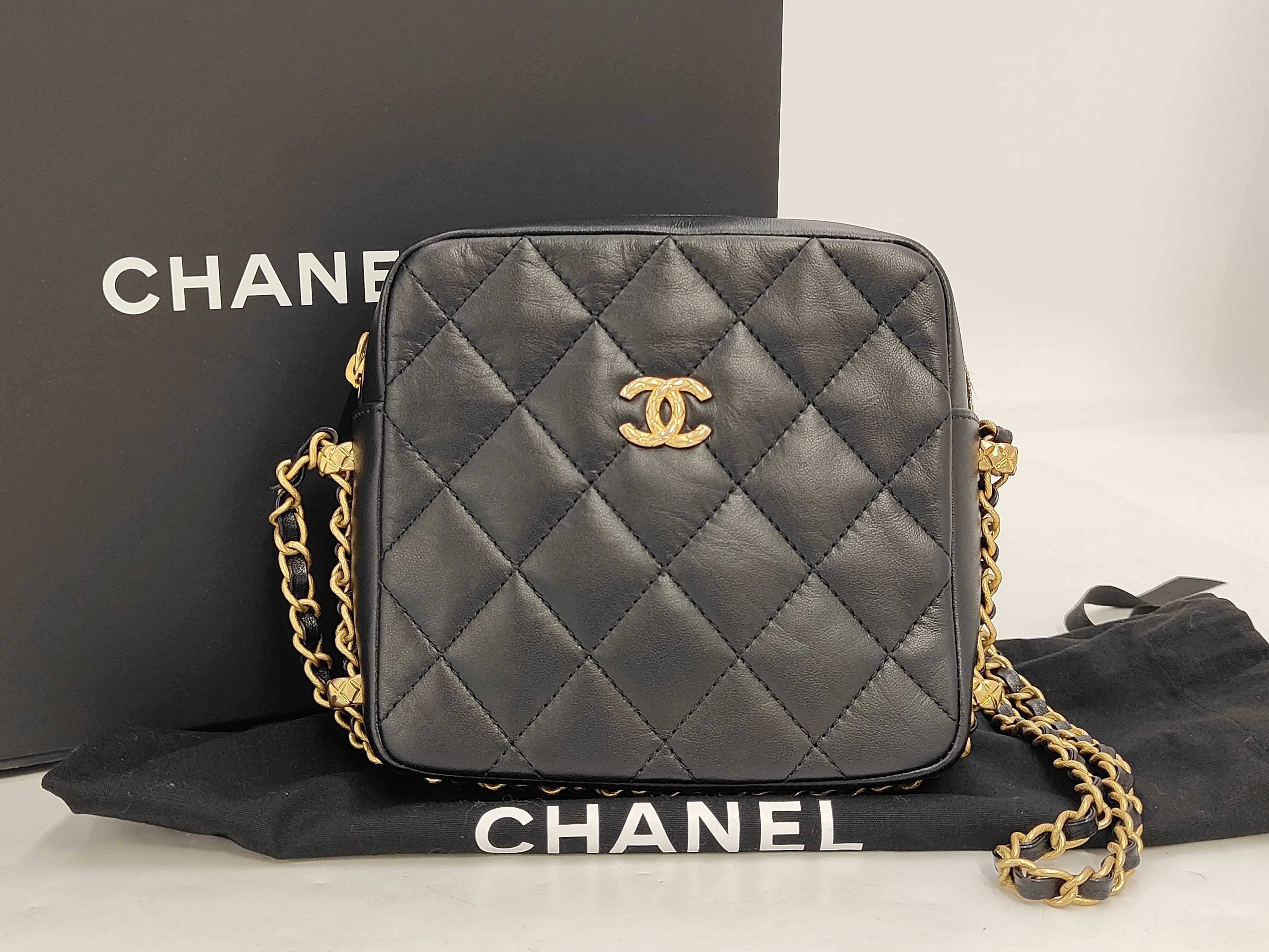 Matelassé Chain Shoulder Bag, Square Shape, Black Lambskin Bag