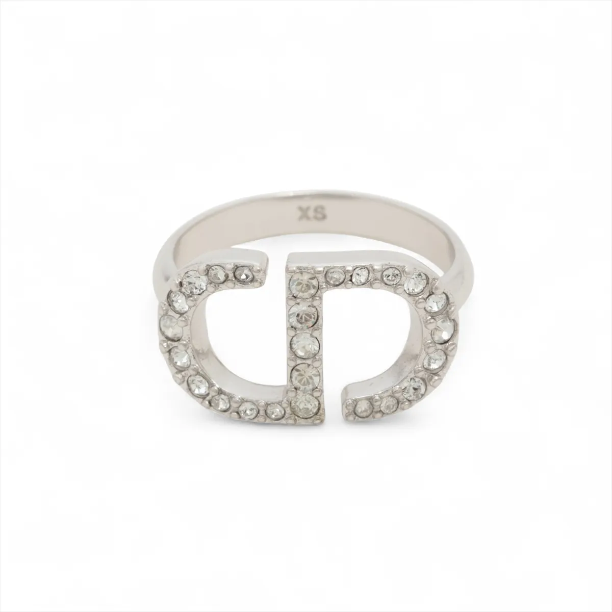 Petit CD ring, size XS, metal with rhinestones, silver. Shows signs of wear,