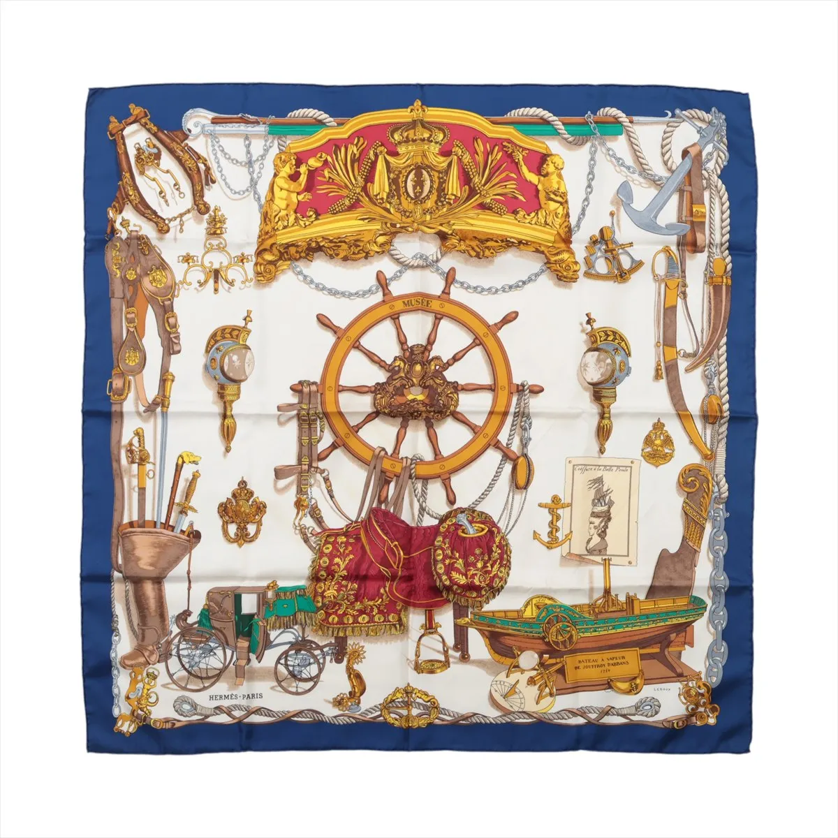 Carre 90 MUSEE (Museum) Scarf, Silk, Blue, with wear, snags,