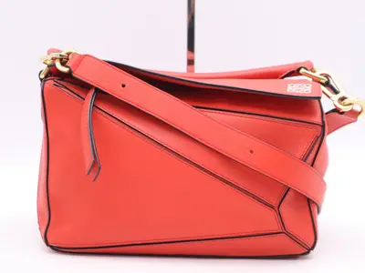 Leather Puzzle Bag Shoulder Bag, Red, Gold Hardware, with Shoulder Strap