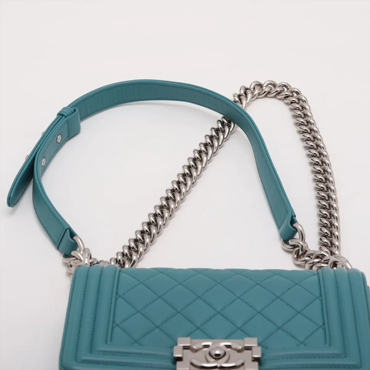 Boy Chanel 20 Small Leather Chain Shoulder Bag, Blue, Silver Hardware, A67085 — view 6