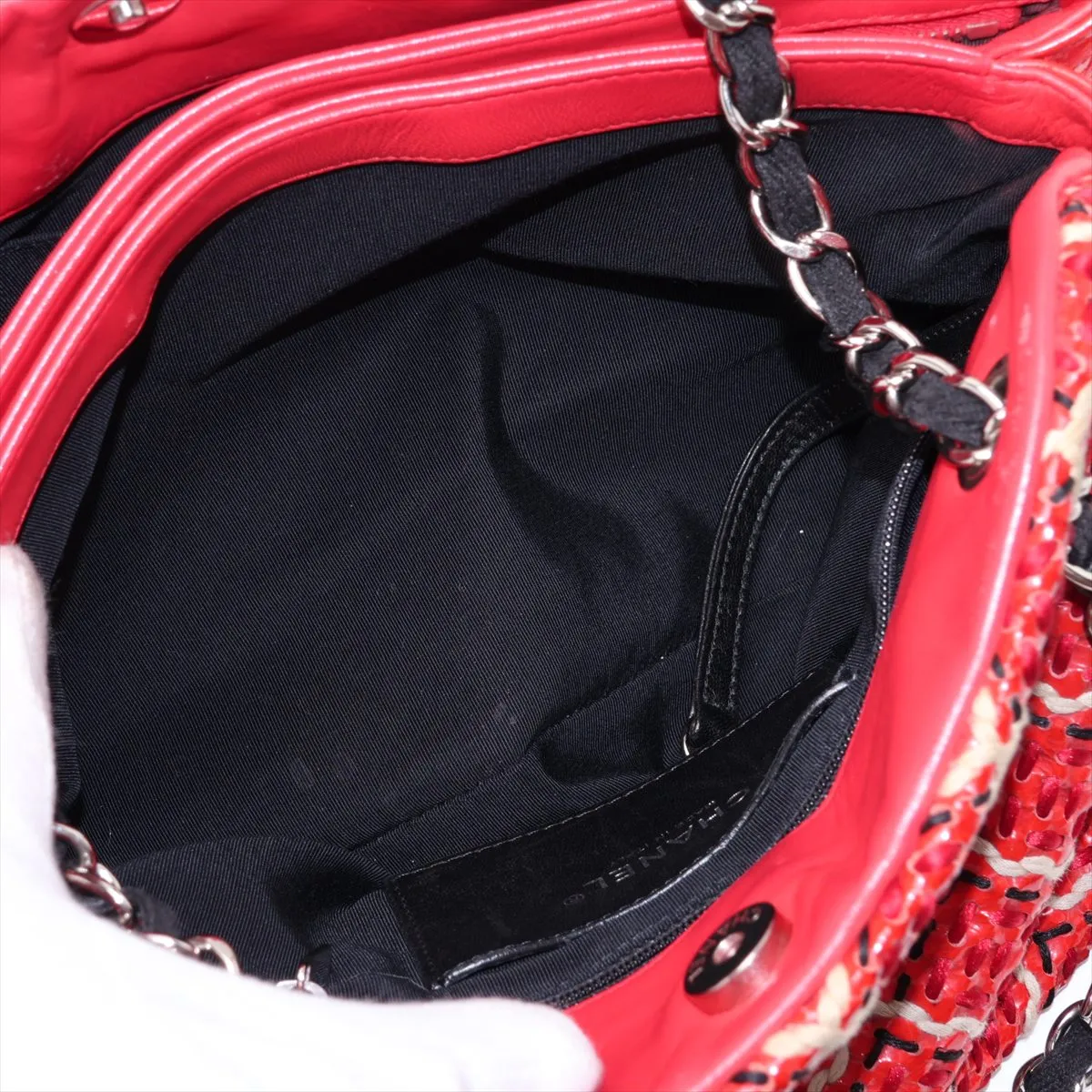 Mademoiselle Patent Leather Chain Tote Bag, Red, Silver Hardware, Item No. 14485379, Series No. 14 — view 9