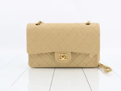 Matelassé 25 Lambskin Double Flap Double Chain Bag, Beige, Gold Hardware