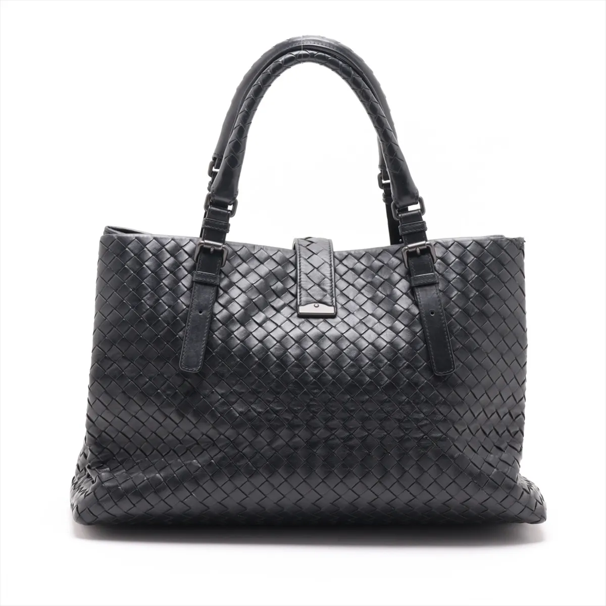 Intrecciato Roma Leather Handbag, Black — view 2