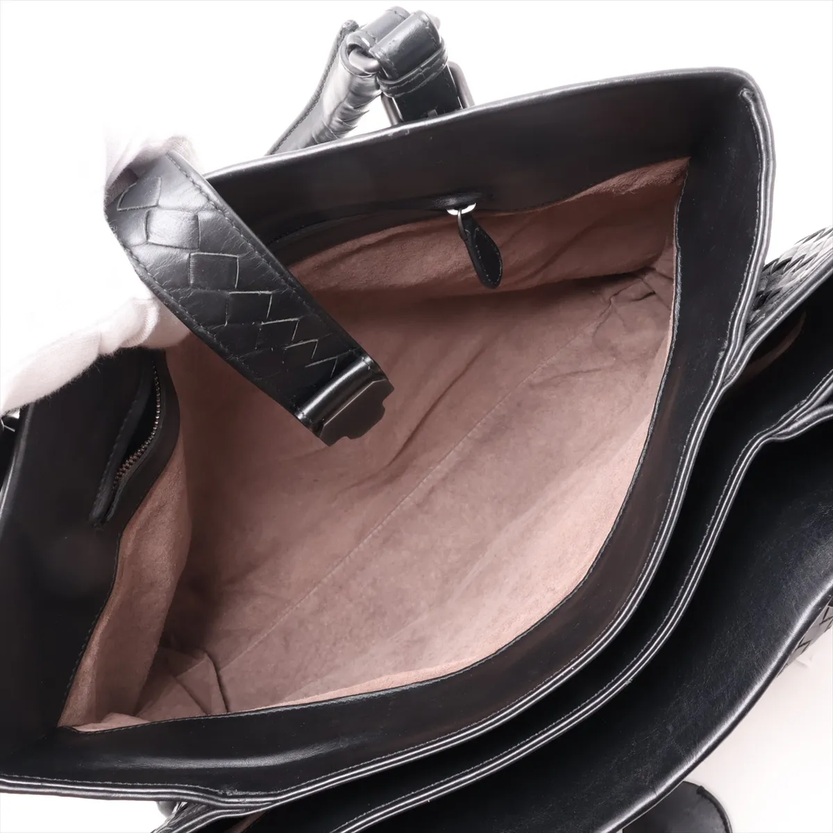 Intrecciato Roma Leather Handbag, Black — view 7