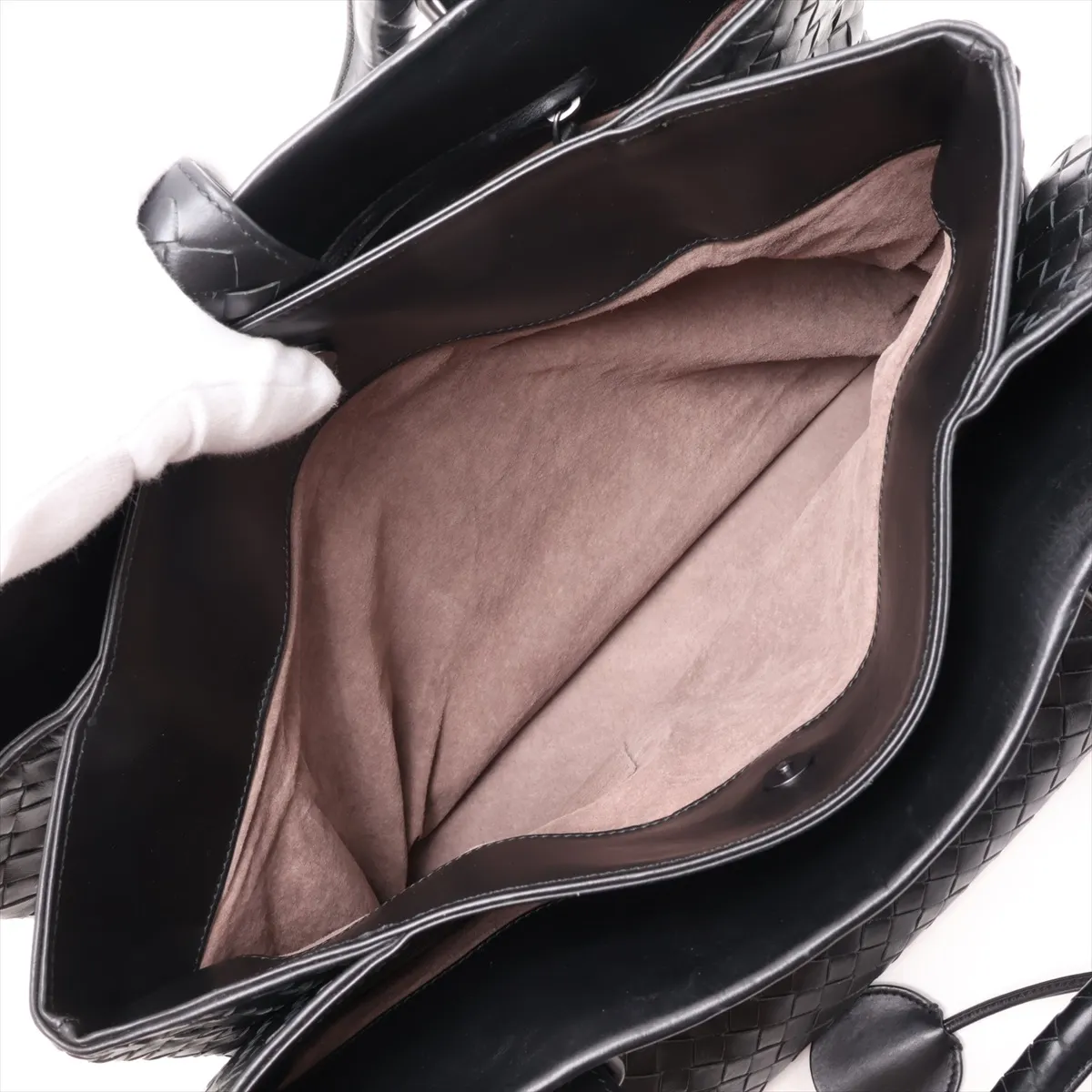 Intrecciato Roma Leather Handbag, Black — view 8
