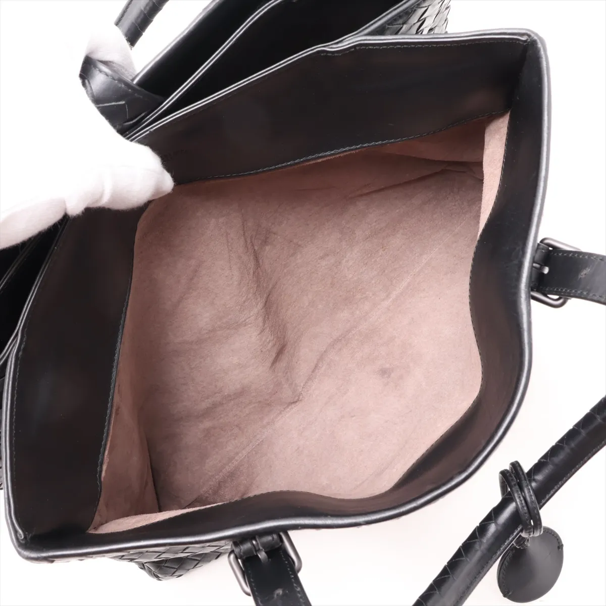 Intrecciato Roma Leather Handbag, Black — view 9