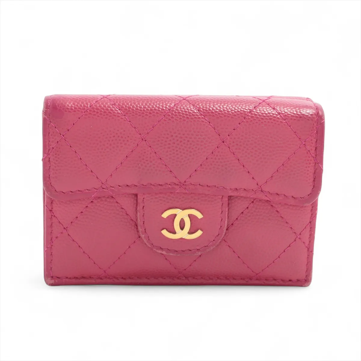 Matelassé Caviar Skin Compact Wallet, Pink with Gold Hardware, GX10UC71