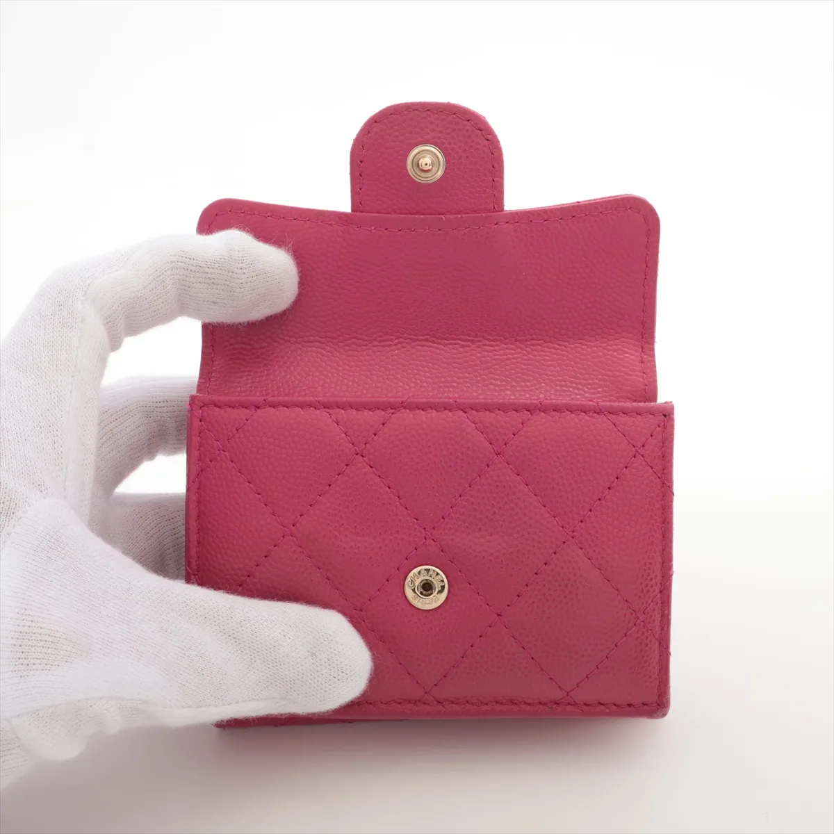 Matelassé Caviar Skin Compact Wallet, Pink with Gold Hardware, GX10UC71 — view 3
