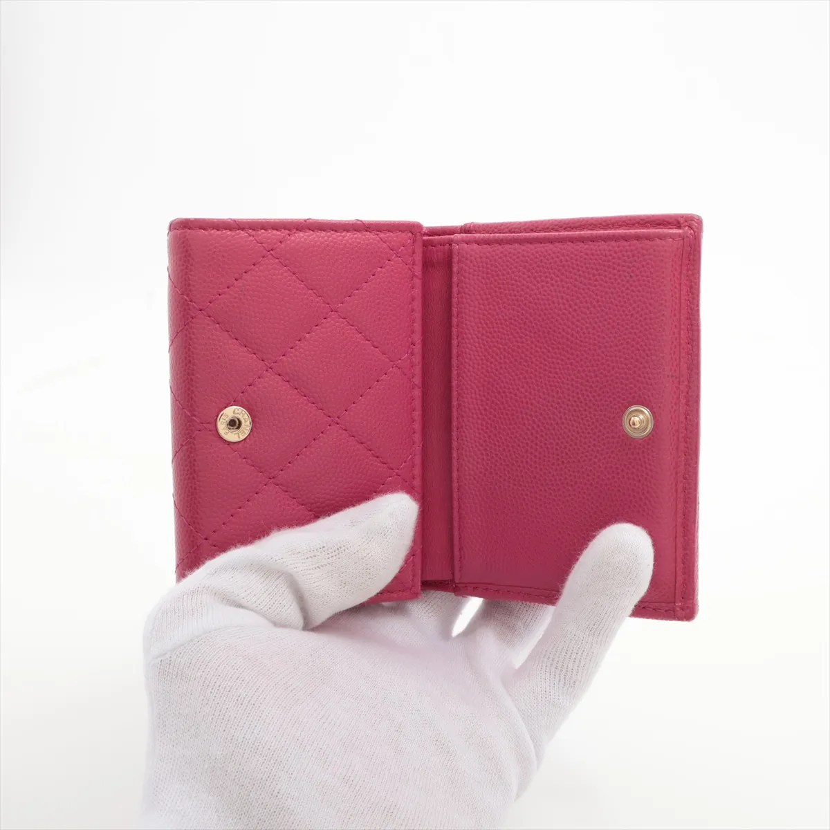 Matelassé Caviar Skin Compact Wallet, Pink with Gold Hardware, GX10UC71 — view 4
