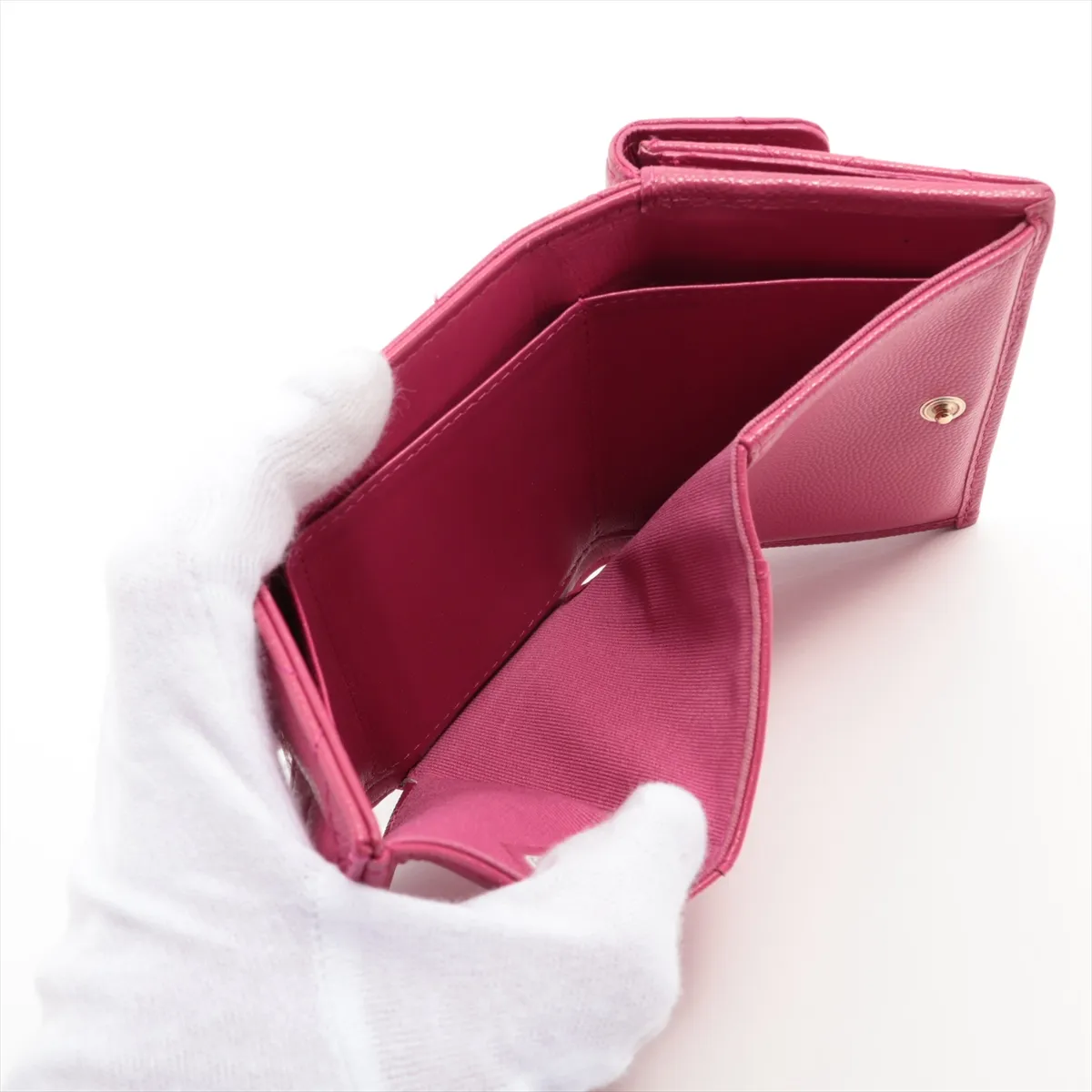 Matelassé Caviar Skin Compact Wallet, Pink with Gold Hardware, GX10UC71 — view 6