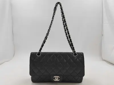 Caviar Skin W25 Matelassé Double Flap Shoulder Bag with Black and Silver Hardware
