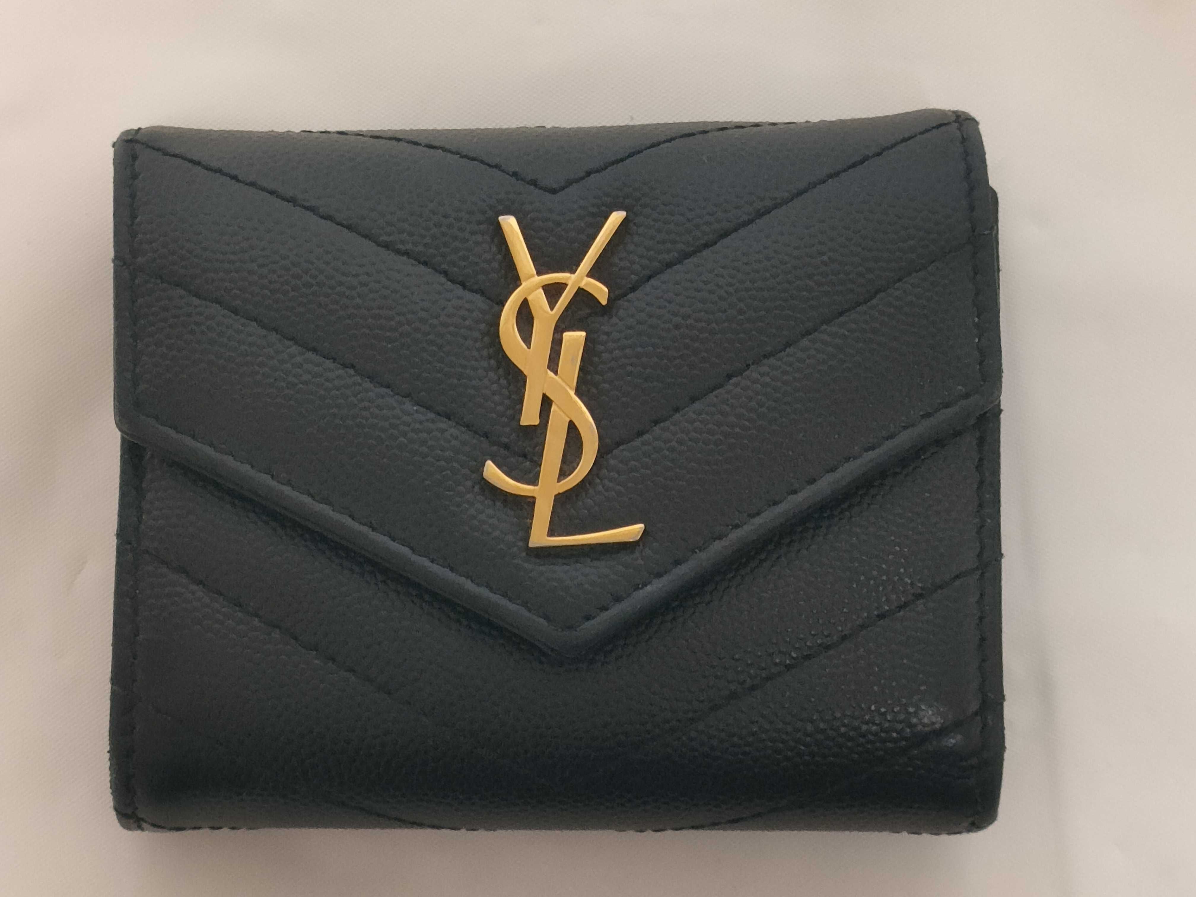 Cassandra YSL Logo Tri-fold Wallet, Caviar Leather, Black