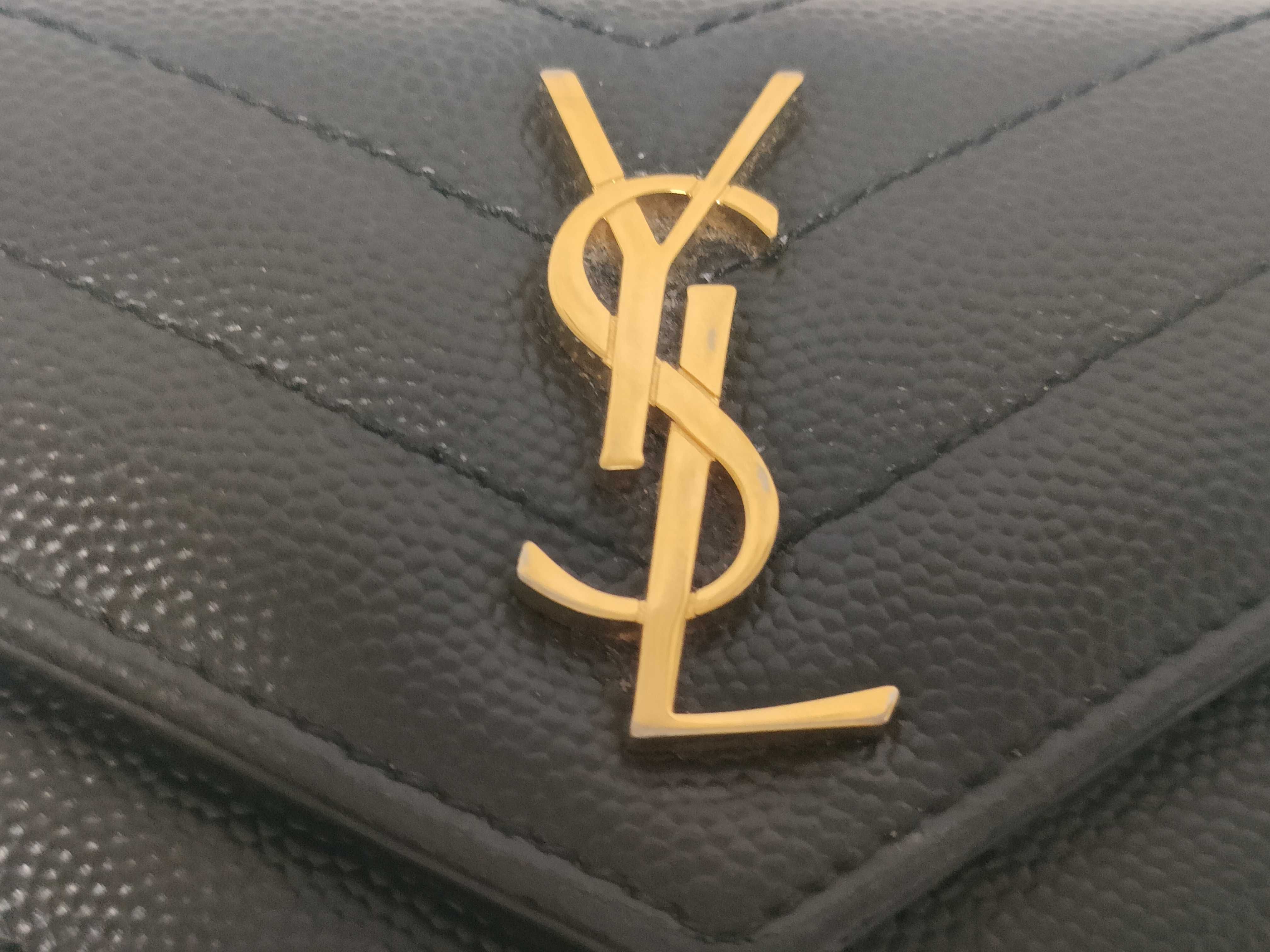 Cassandra YSL Logo Tri-fold Wallet, Caviar Leather, Black — view 13