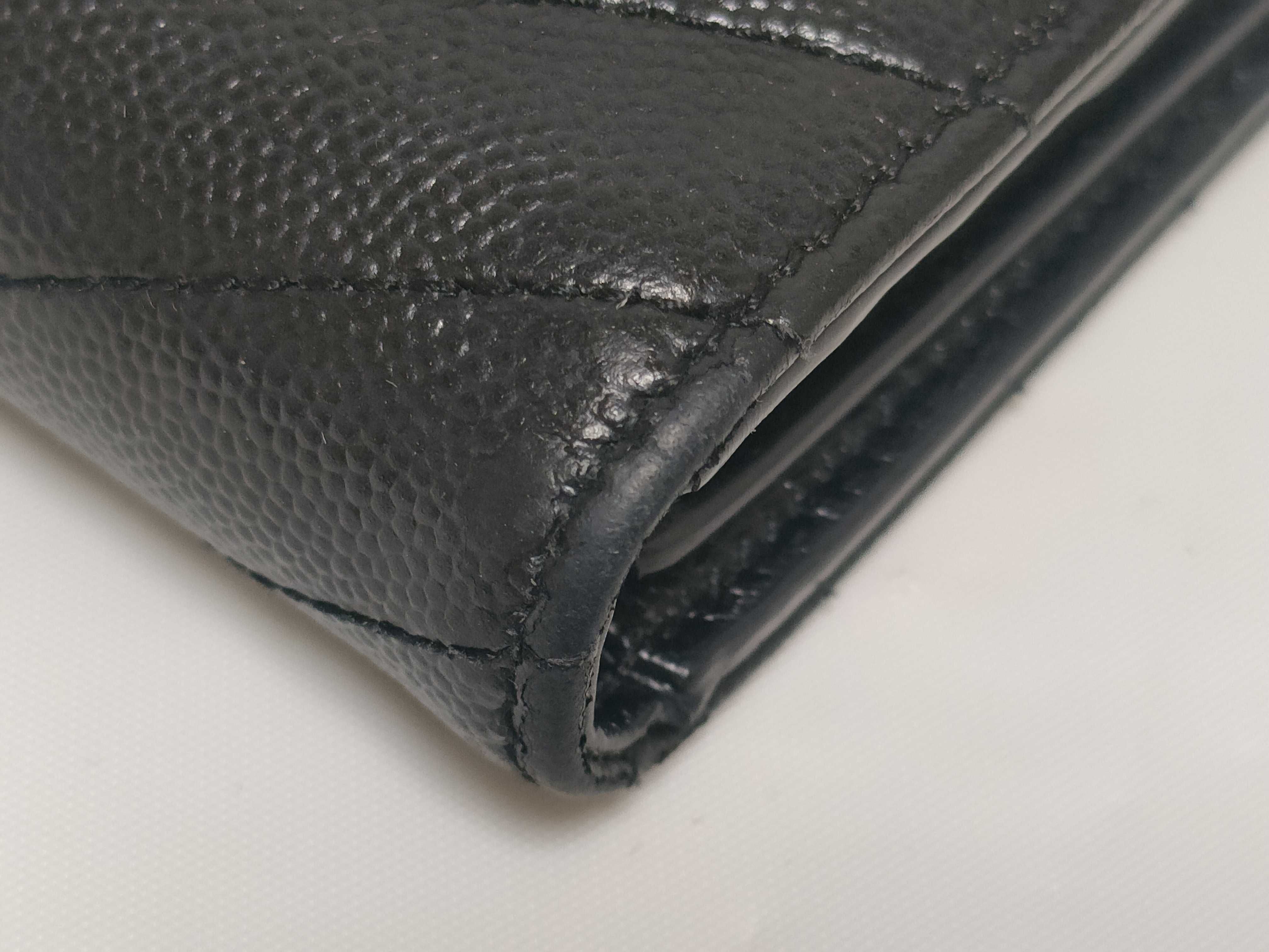 Cassandra YSL Logo Tri-fold Wallet, Caviar Leather, Black — view 3