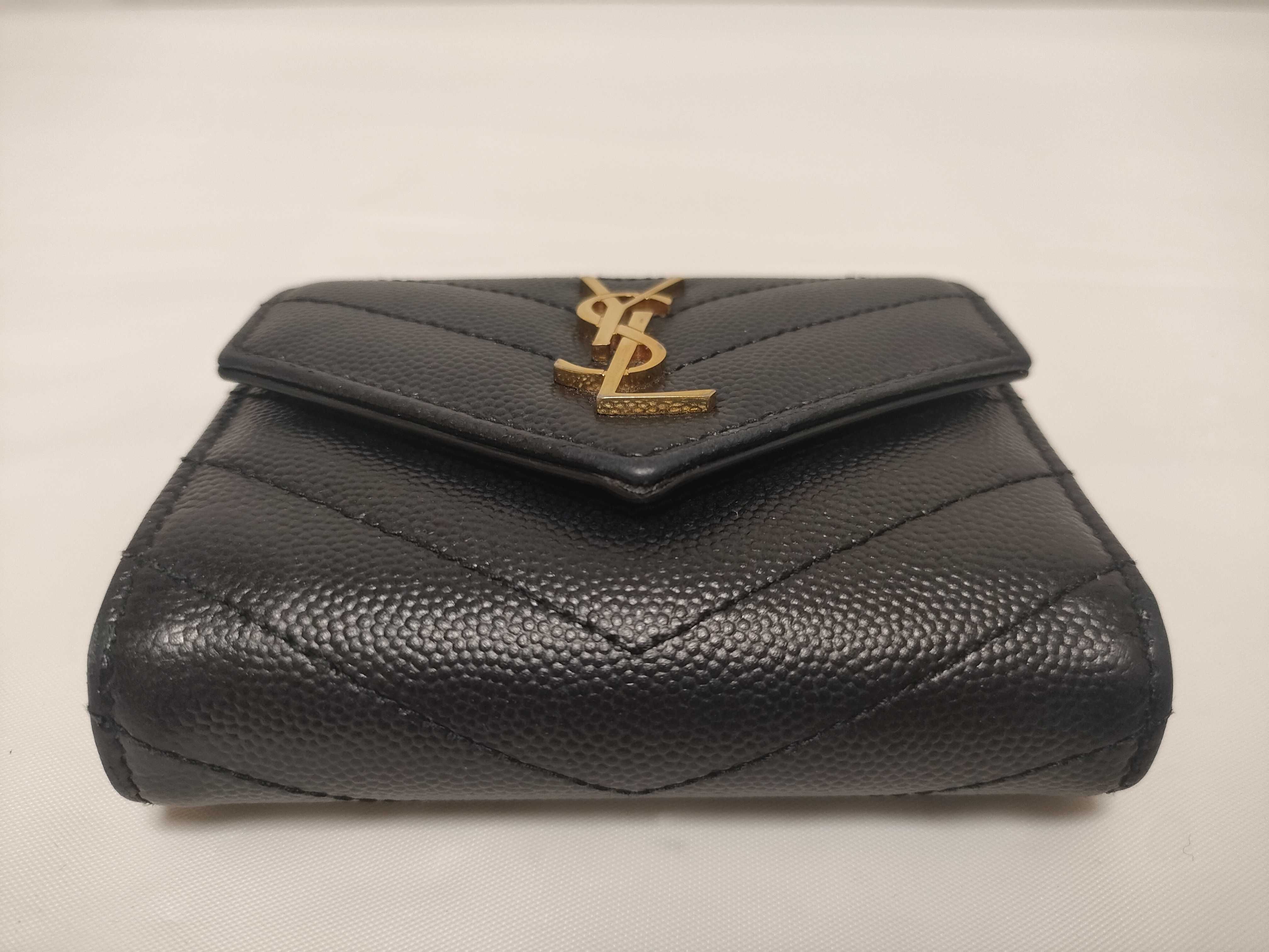 Cassandra YSL Logo Tri-fold Wallet, Caviar Leather, Black — view 4