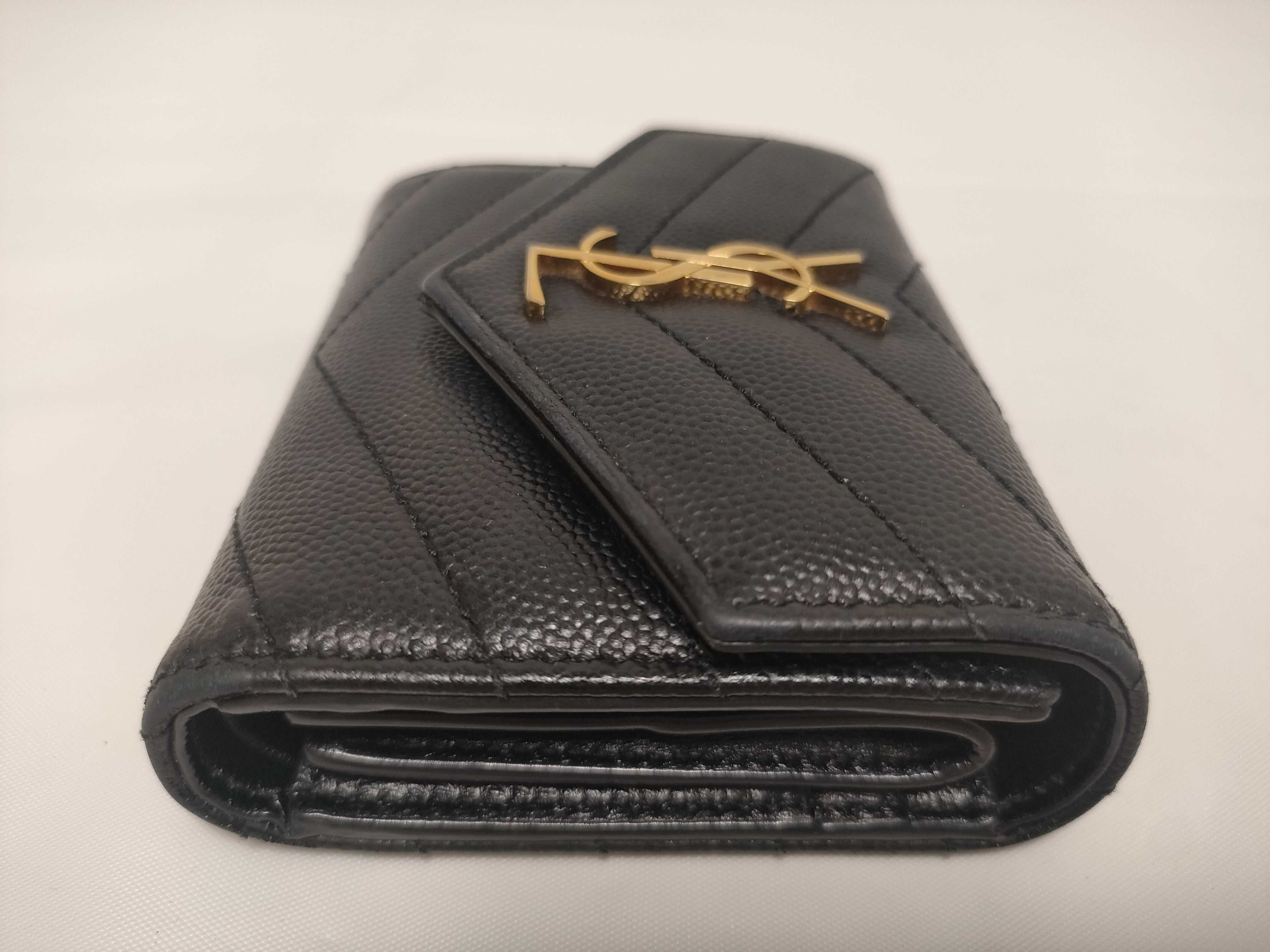 Cassandra YSL Logo Tri-fold Wallet, Caviar Leather, Black — view 5