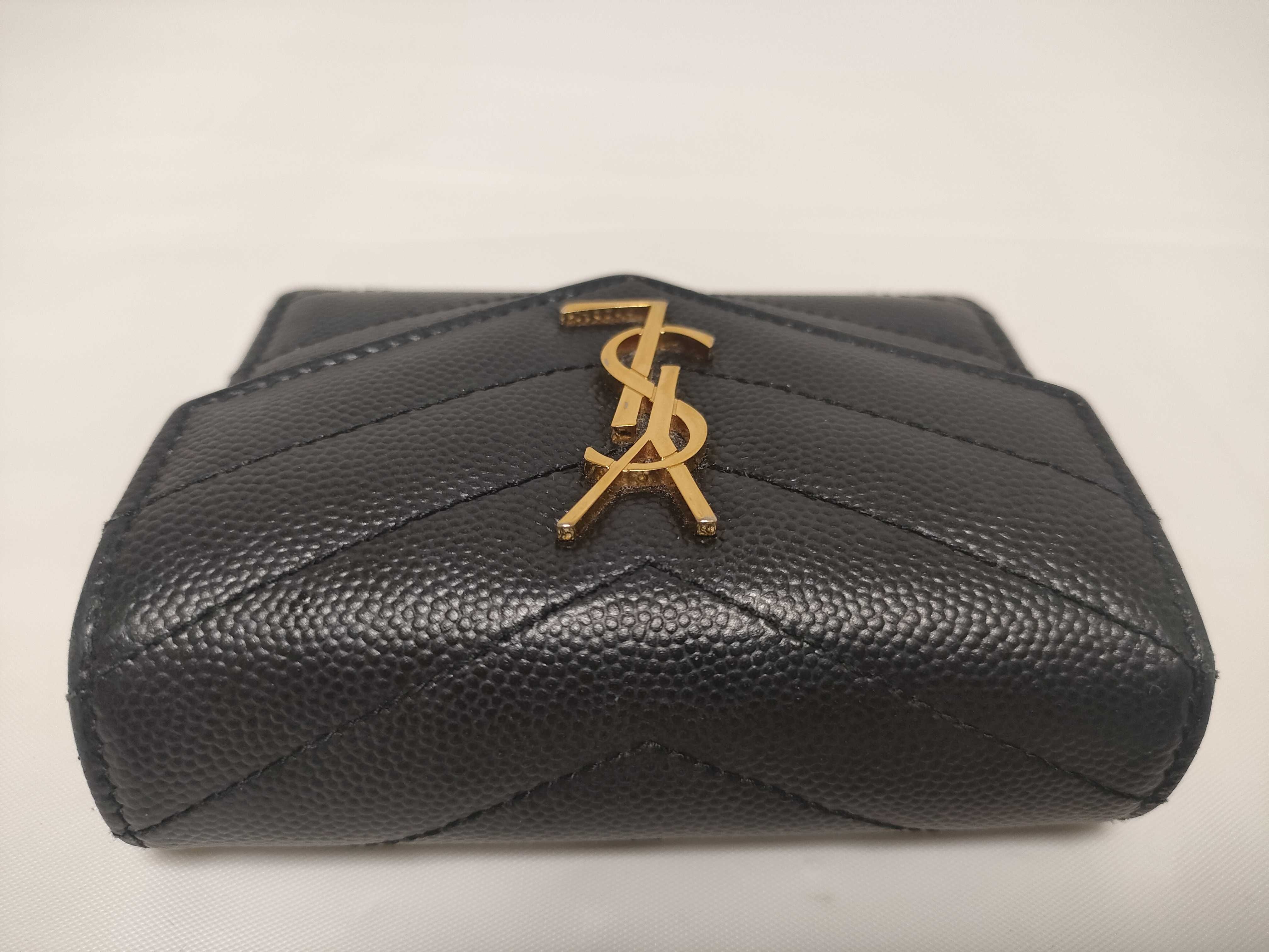 Cassandra YSL Logo Tri-fold Wallet, Caviar Leather, Black — view 6