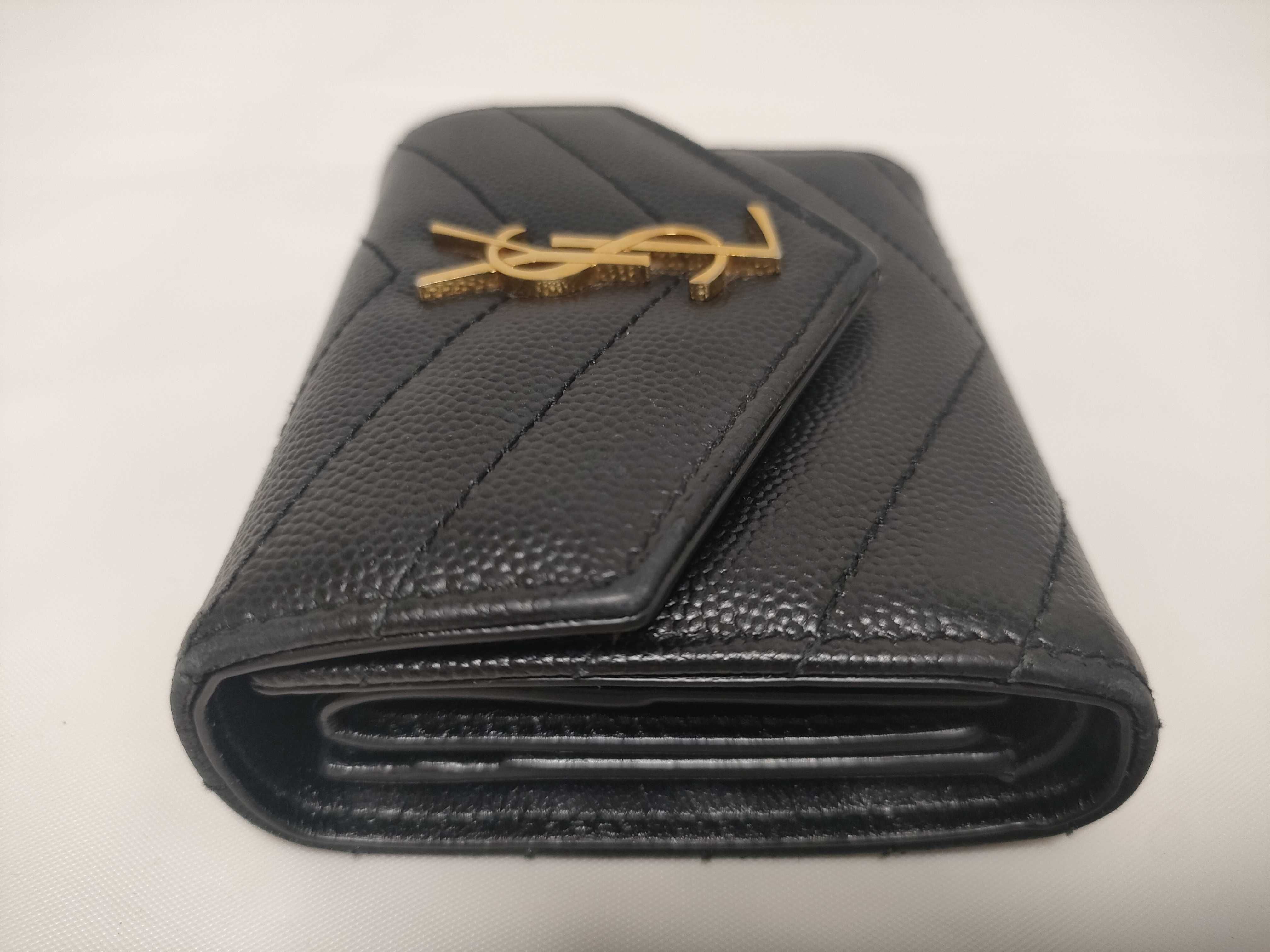 Cassandra YSL Logo Tri-fold Wallet, Caviar Leather, Black — view 7