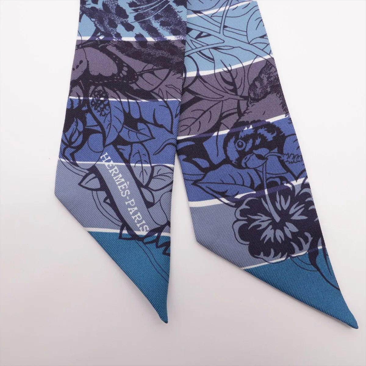 Twilly Jungle Love Rainbow scarf, silk, navy. Shows signs of wear, — view 2