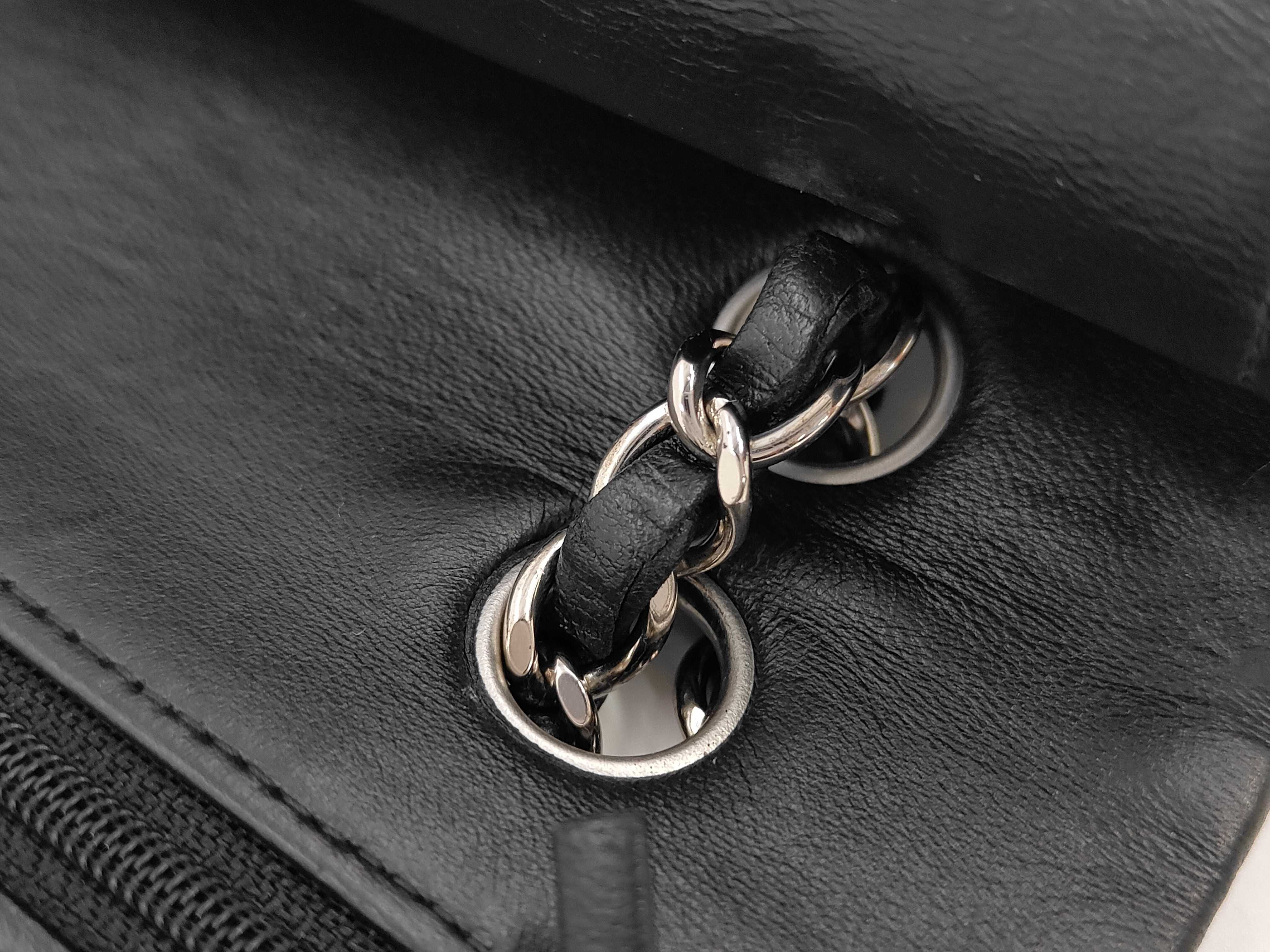 Matelassé Double Flap (CF) Medium Black Chain Shoulder Bag with Silver Hardware — view 7