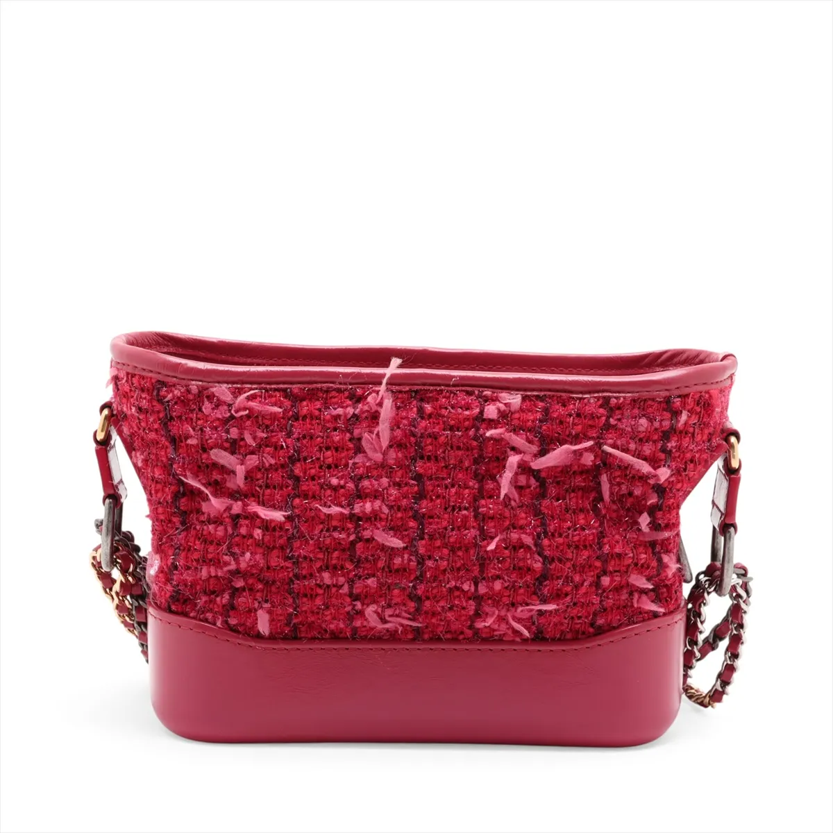 Gabrielle de Chanel tweed and leather chain shoulder bag, pink with gold and silver hardware, serial number 24. — view 2