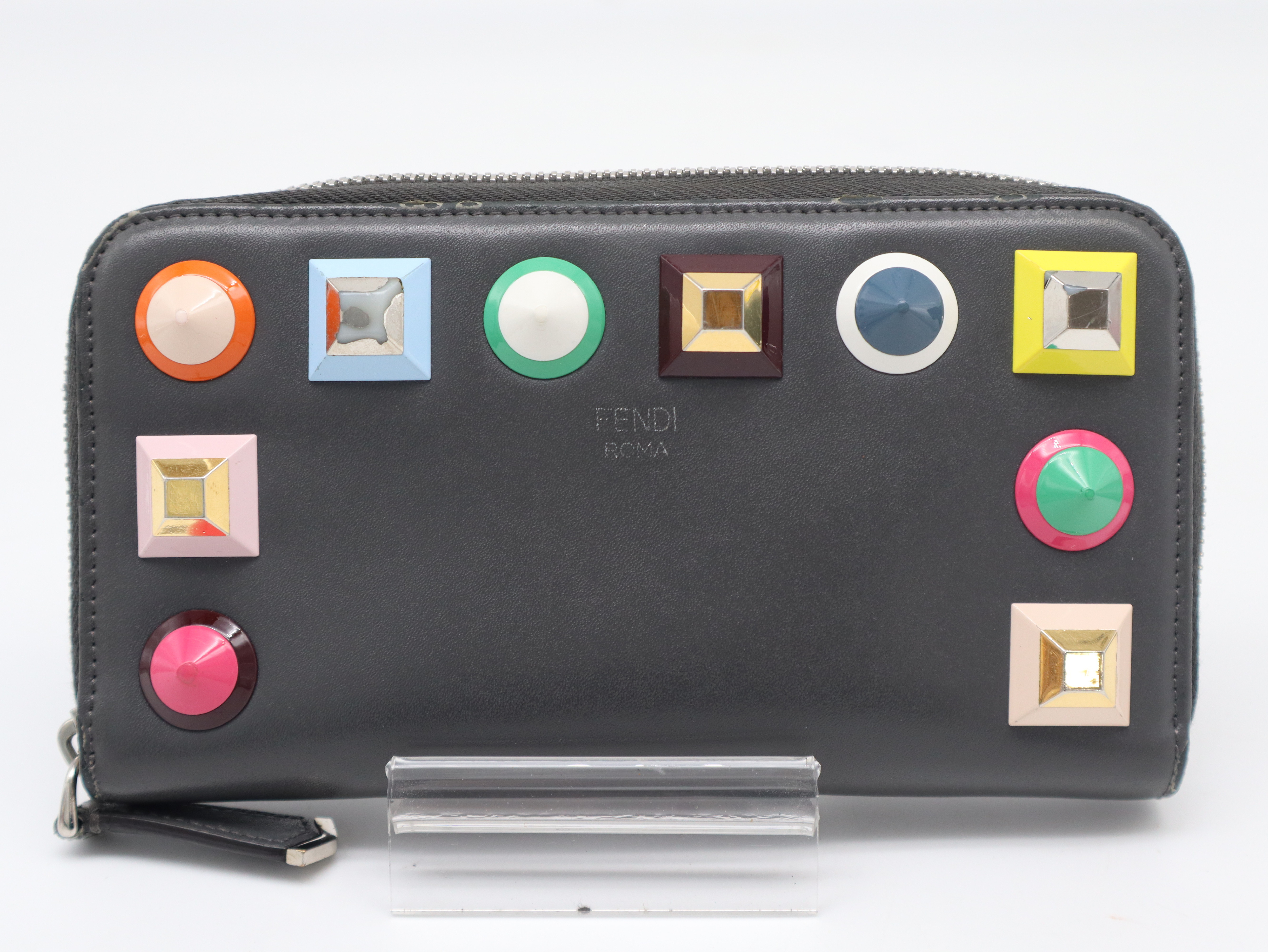 8M0299 Leather Rainbow Multi Stud Long Wallet, Gray