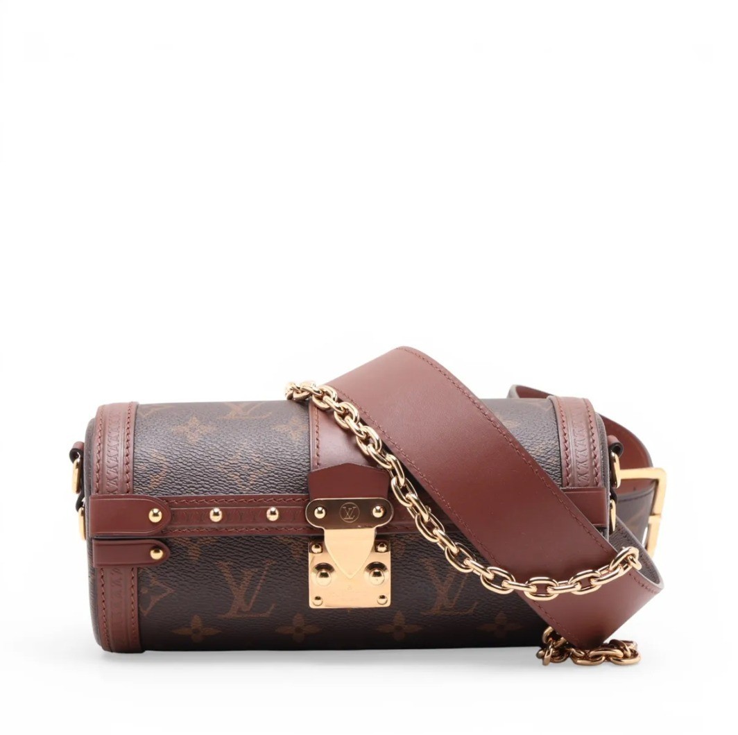 Comes with box and two shoulder straps. Monogram Papillon trunk.