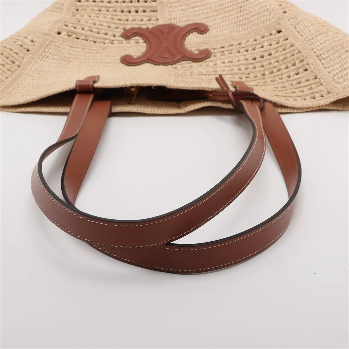 Triomphe Classic Pannier Raffia x Leather Tote Bag Beige x Brown — view 5