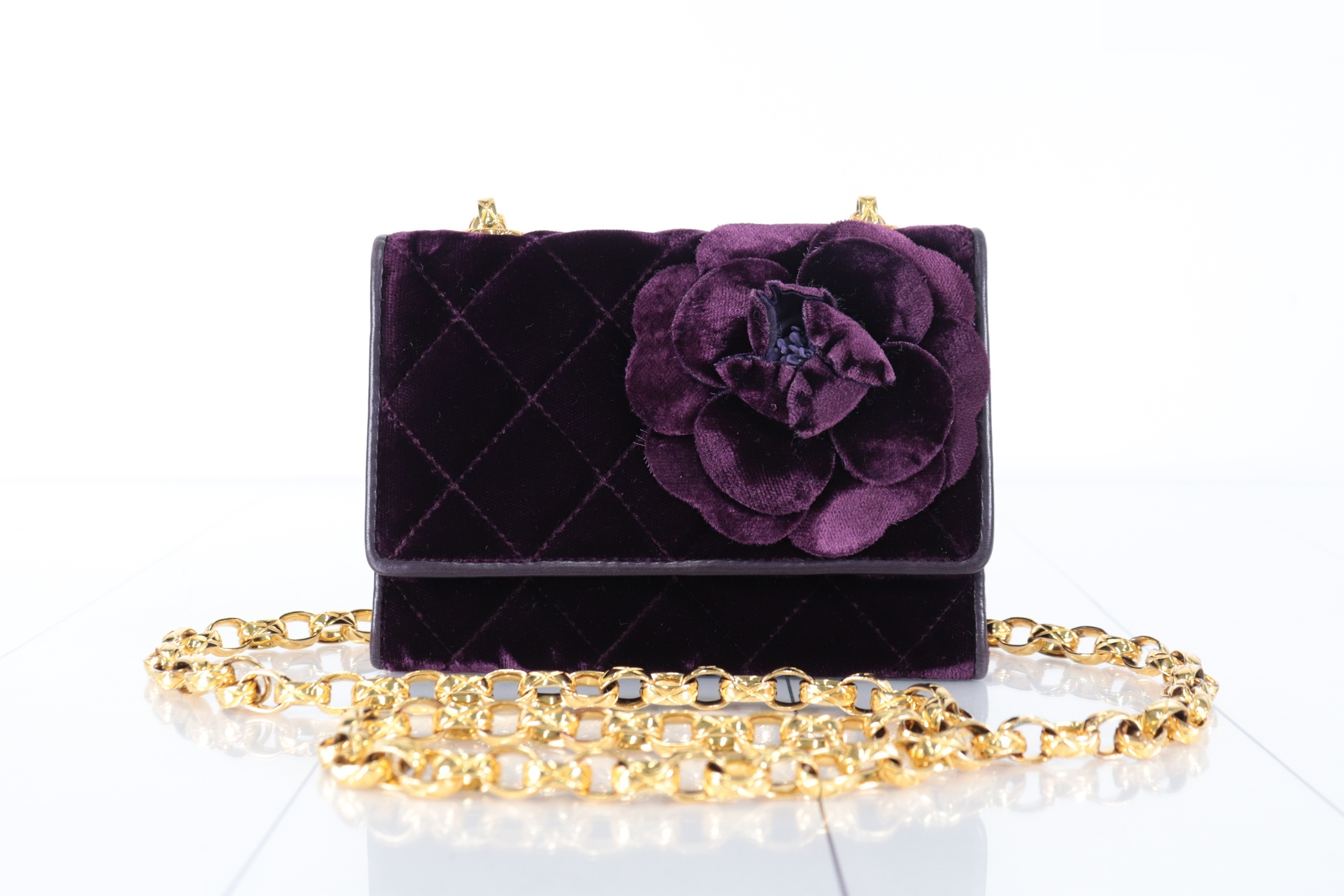 Velour bejeweled chain shoulder bag, purple, size 3. — view 2