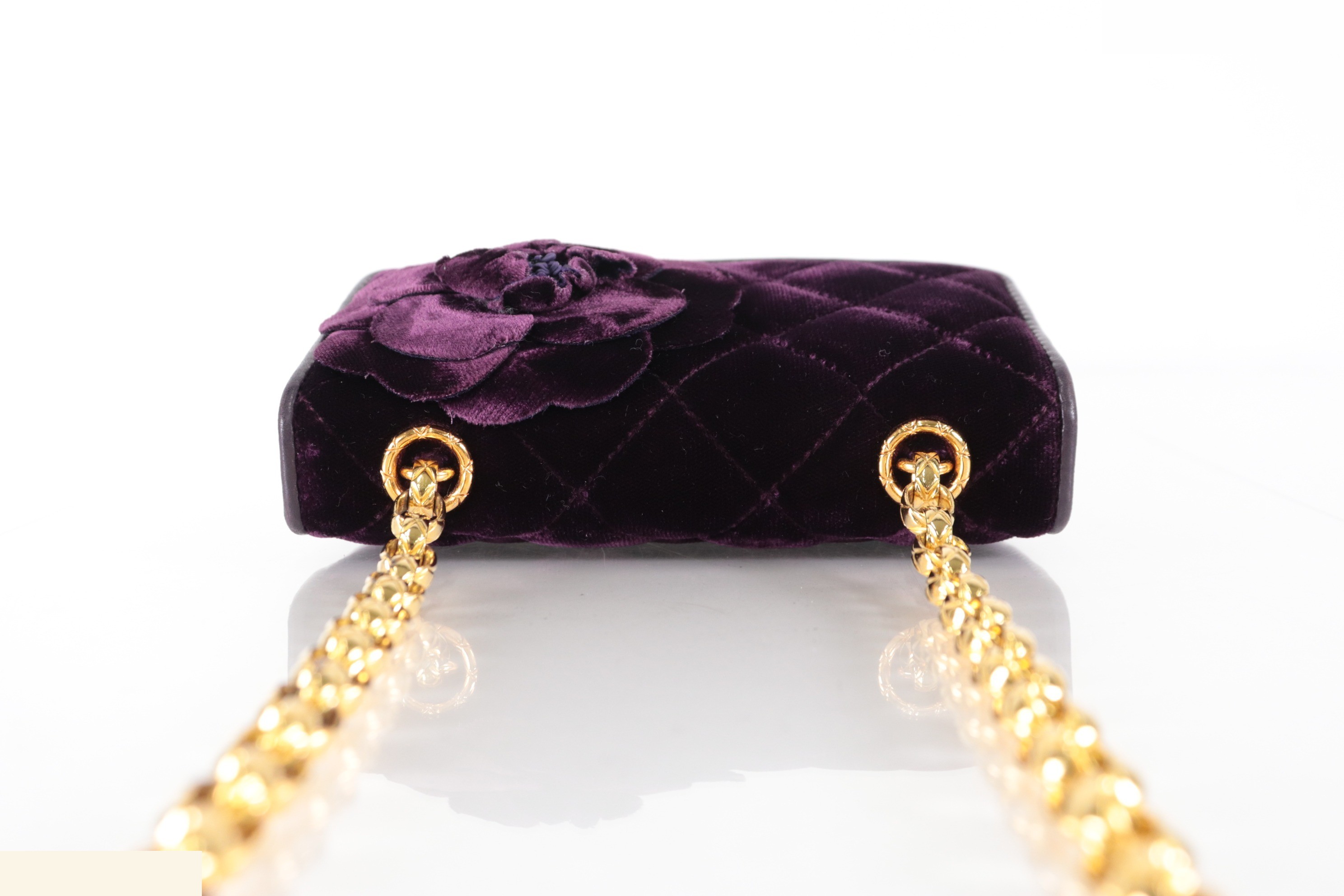 Velour bejeweled chain shoulder bag, purple, size 3. — view 6
