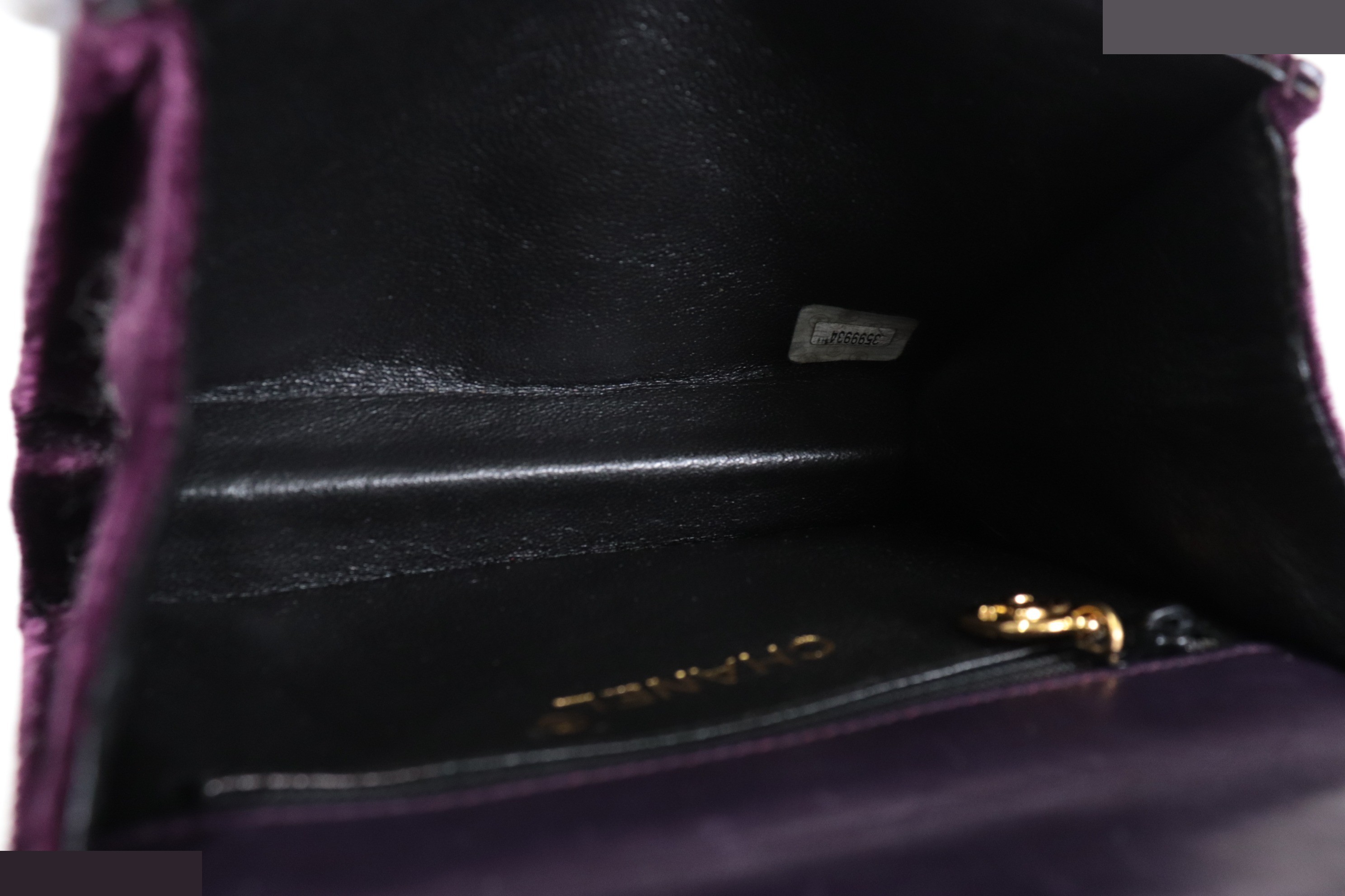 Velour bejeweled chain shoulder bag, purple, size 3. — view 9