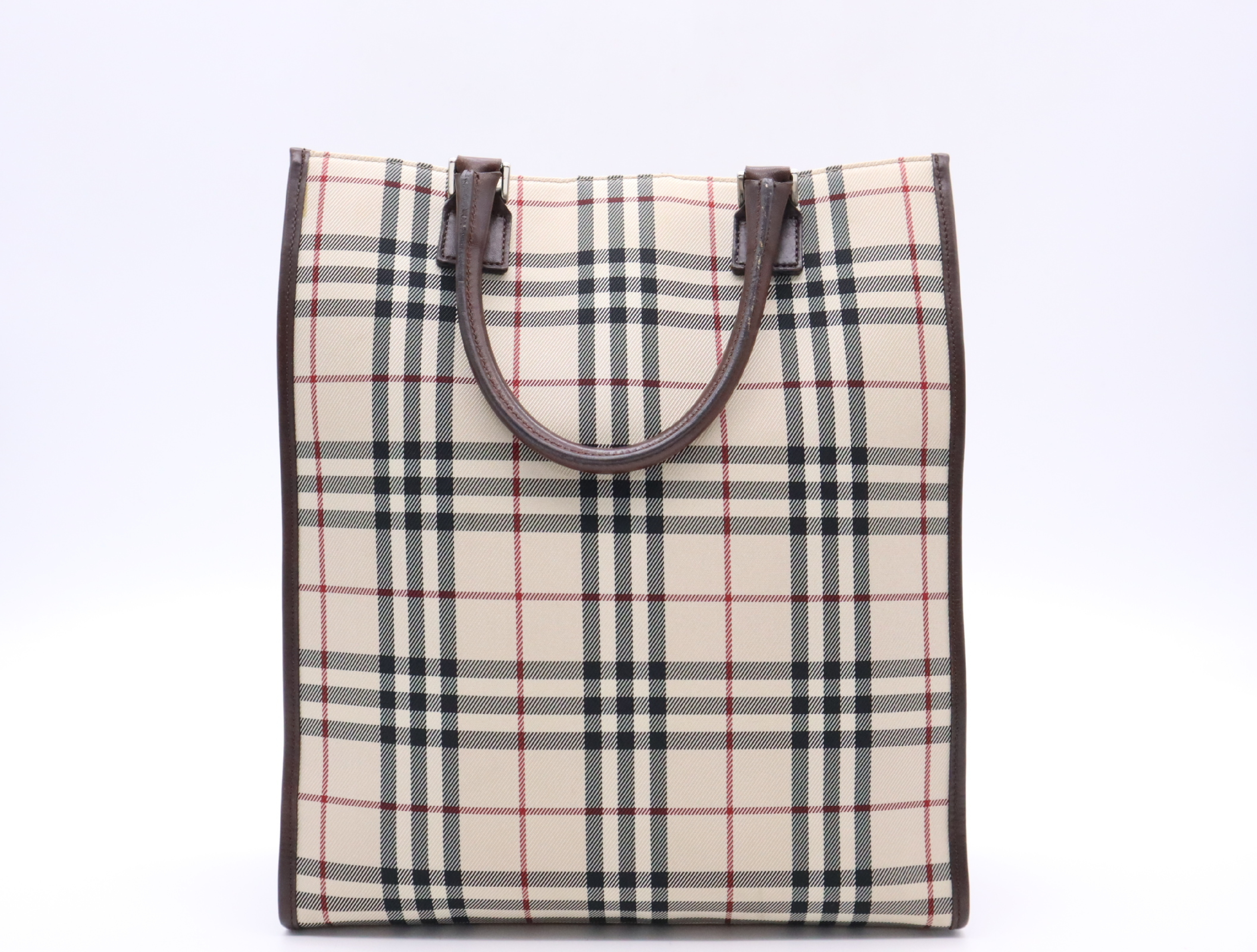 Leather Nova Check Tote Bag, Brown, Silver Hardware — view 2