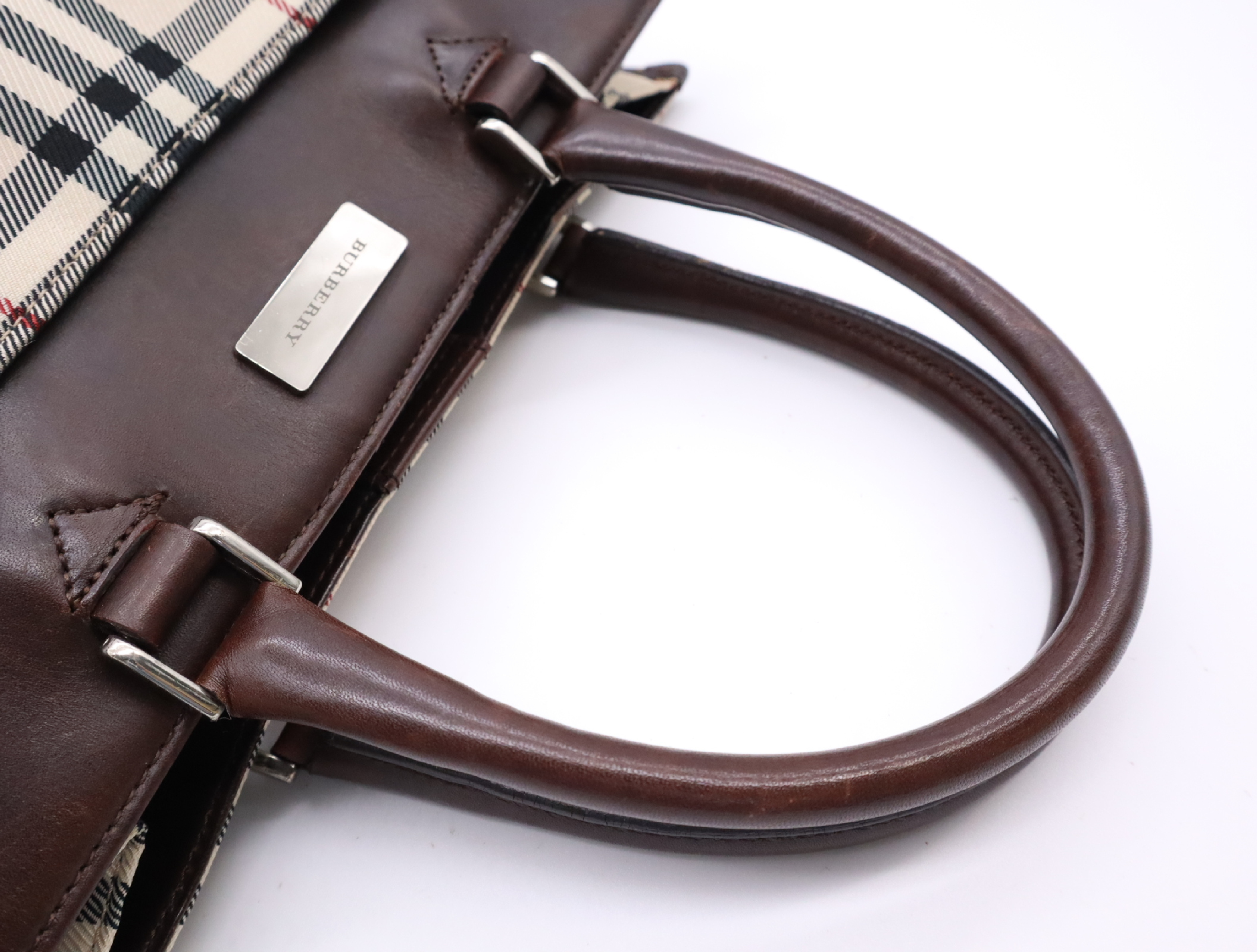 Leather Nova Check Tote Bag, Brown, Silver Hardware — view 12