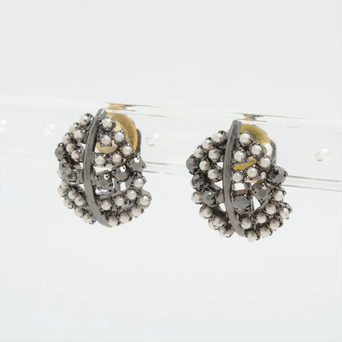 earrings (for both ears), metal x rhinestone x faux pearl, silver. — view 3