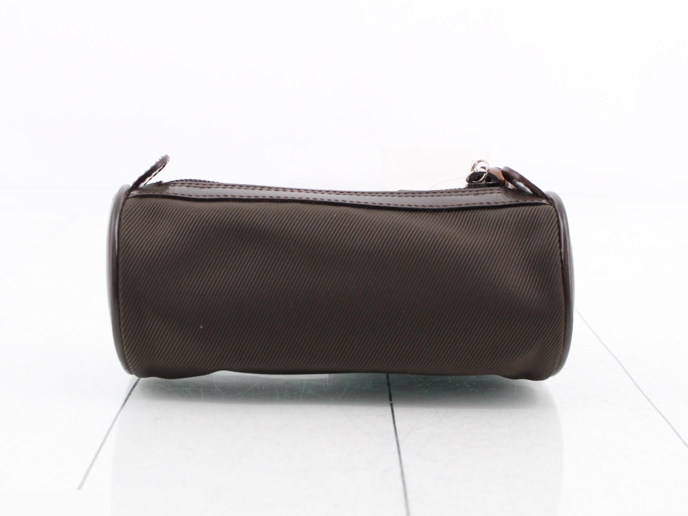 Bamboo, nylon, and leather cylindrical pouch, brown. — view 2