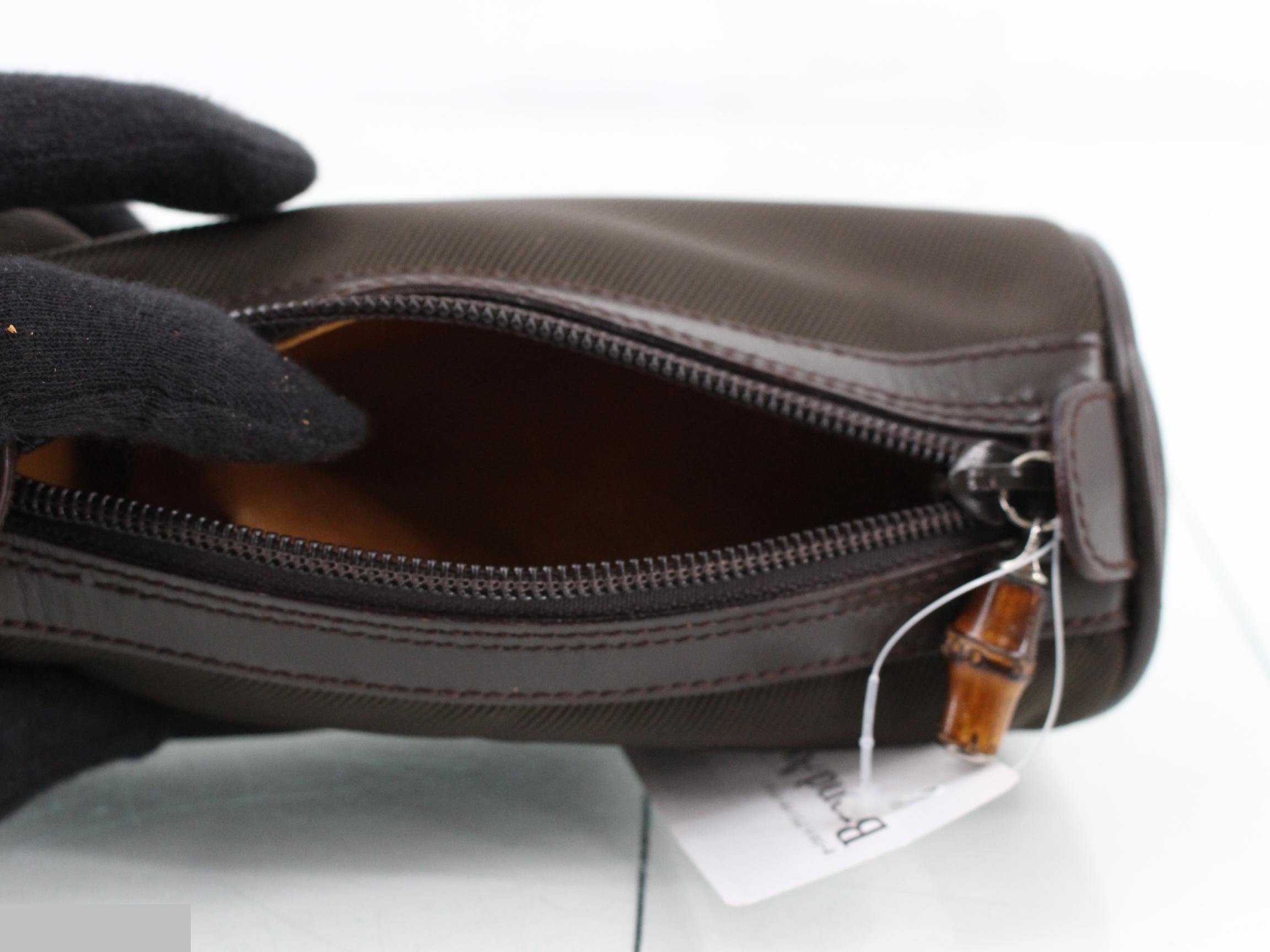 Bamboo, nylon, and leather cylindrical pouch, brown. — view 4
