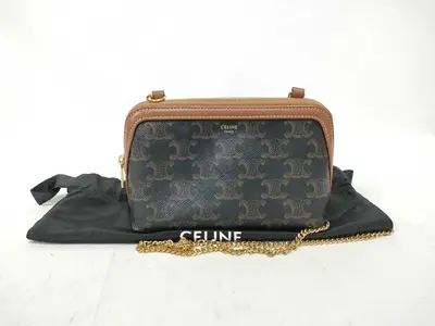 Triomphe Mini Chain Shoulder Bag in Brown Coated Canvas