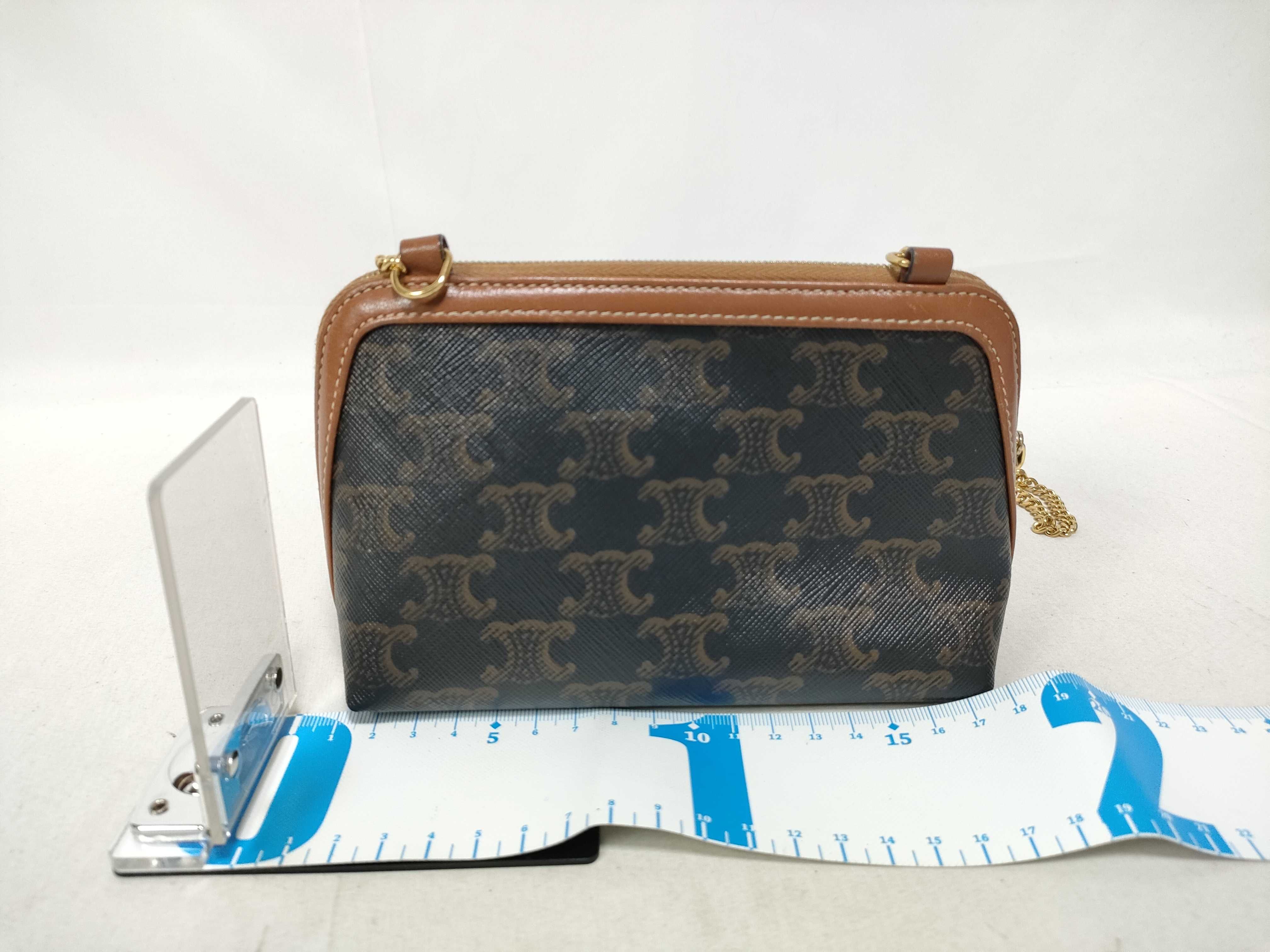 Triomphe Mini Chain Shoulder Bag in Brown Coated Canvas — view 2