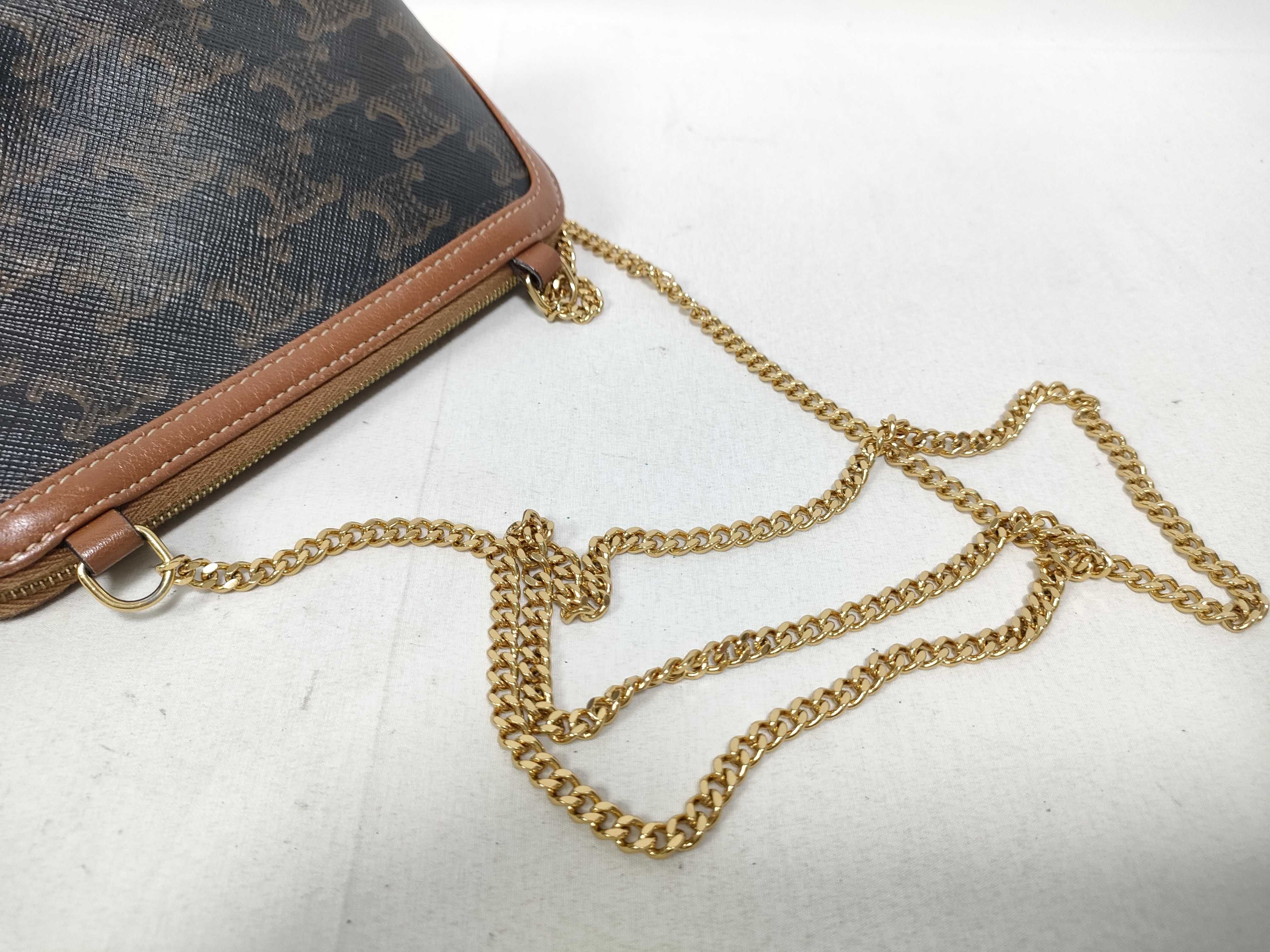 Triomphe Mini Chain Shoulder Bag in Brown Coated Canvas — view 9