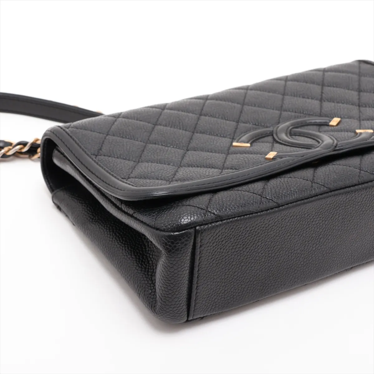 CC Filigree Caviar Skin Single Flap Double Chain Bag, Black with Gold Hardware, 24731957, serial number in the 24 range. — view 4