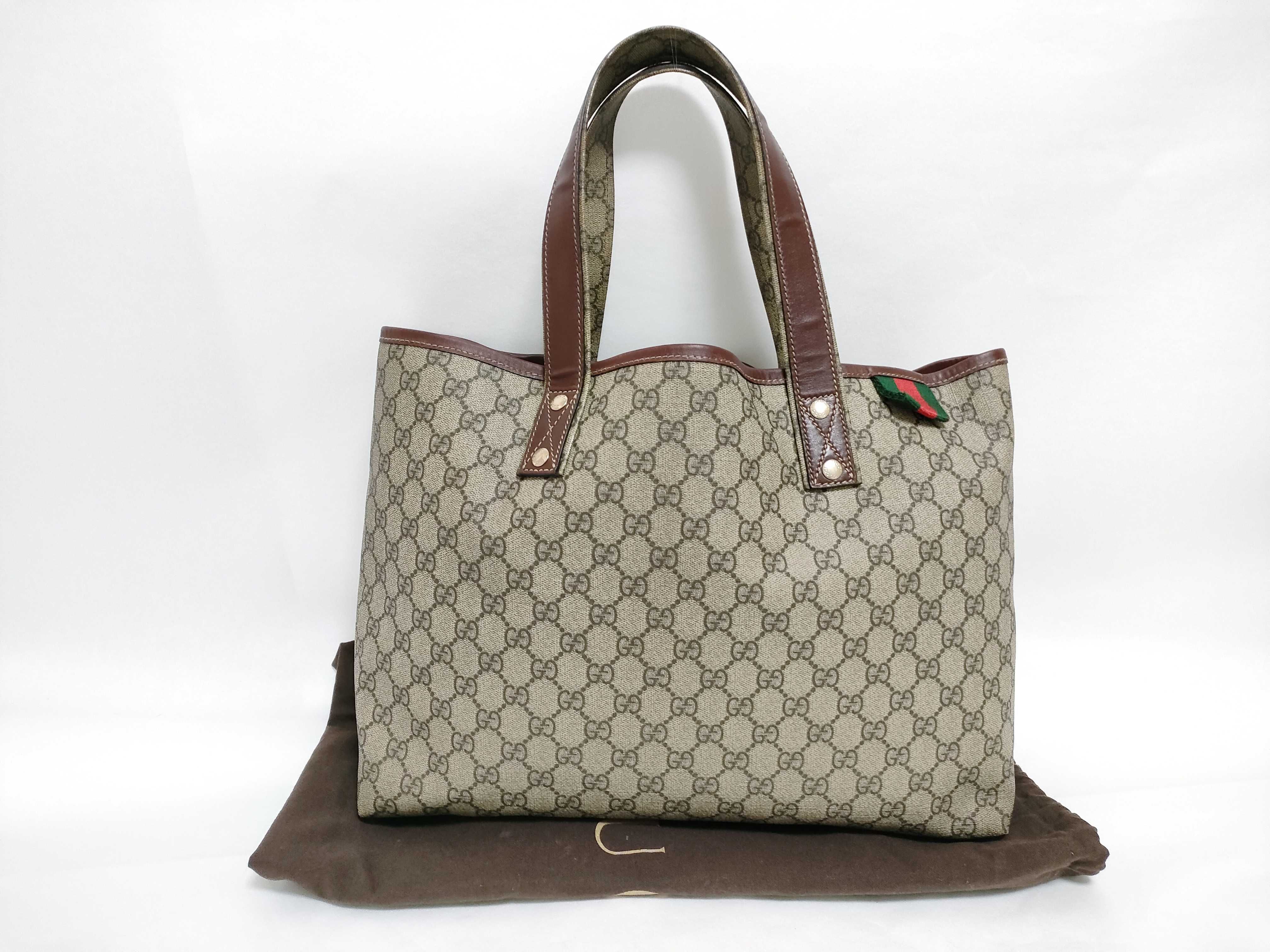 GG Supreme PVC GG Logo Brown Leather Trimming Web Loop Tote Bag