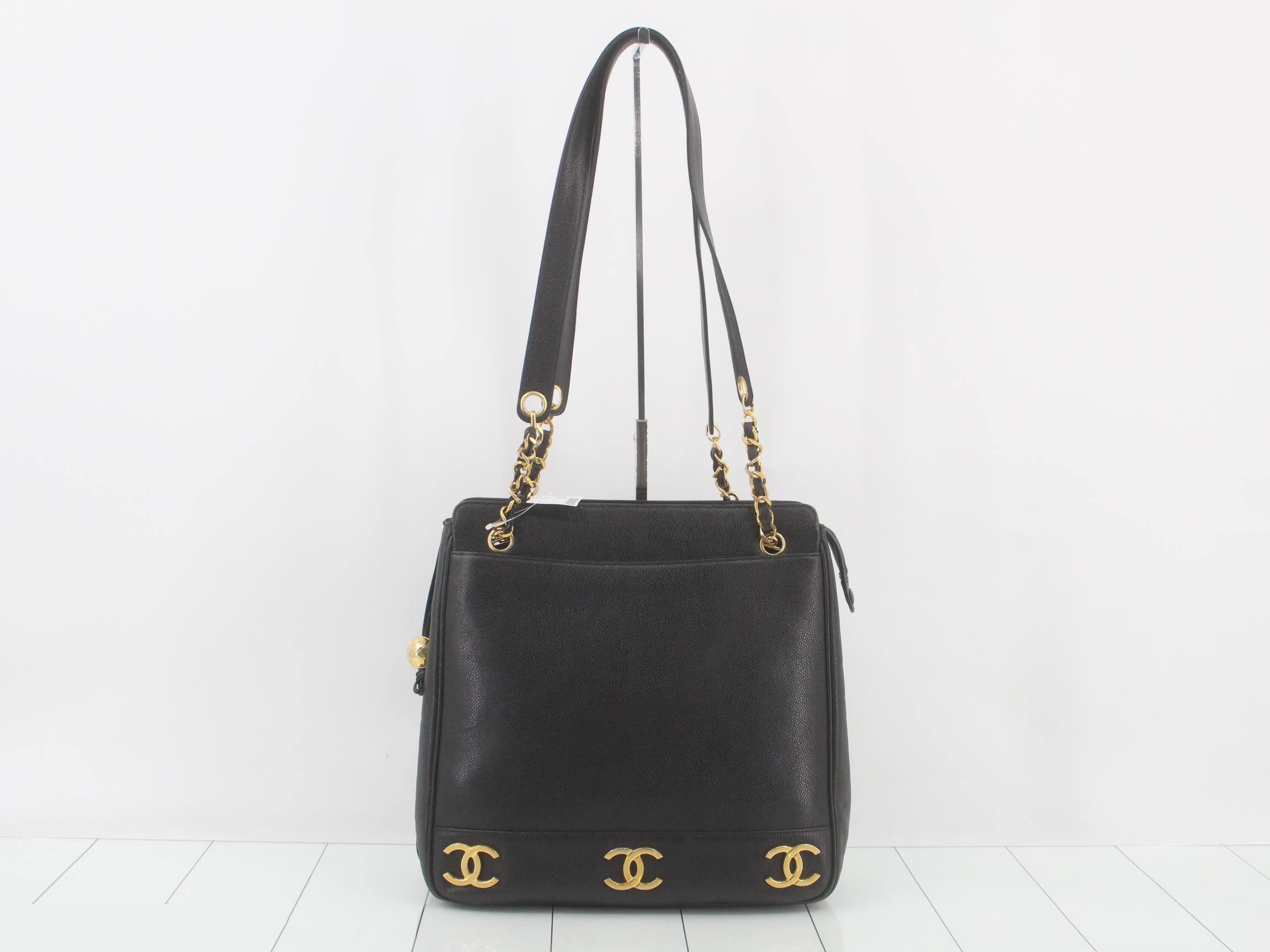 Caviar Skin Triple Coco Mark Chain Tote Bag, Black