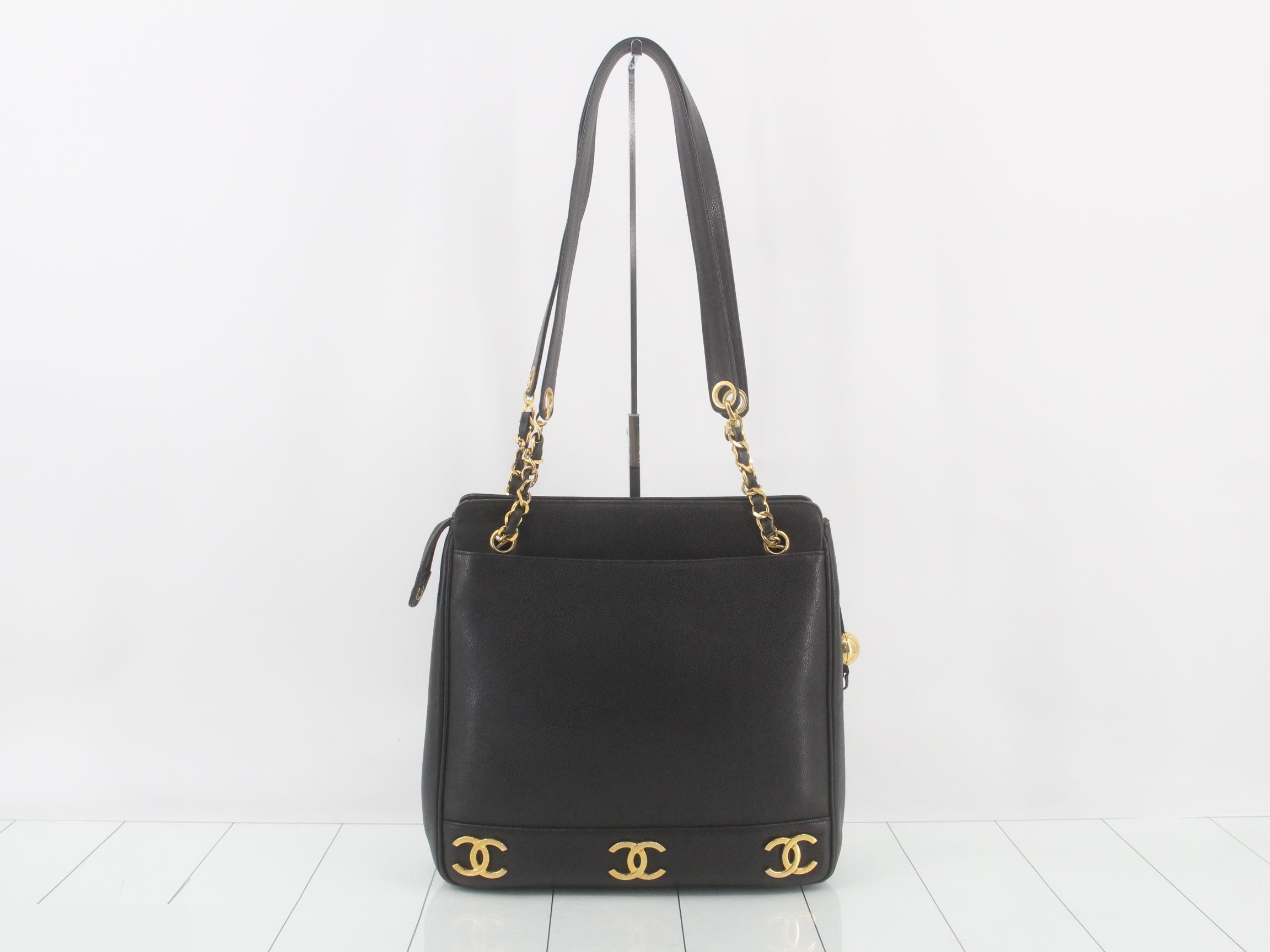 Caviar Skin Triple Coco Mark Chain Tote Bag, Black — view 2