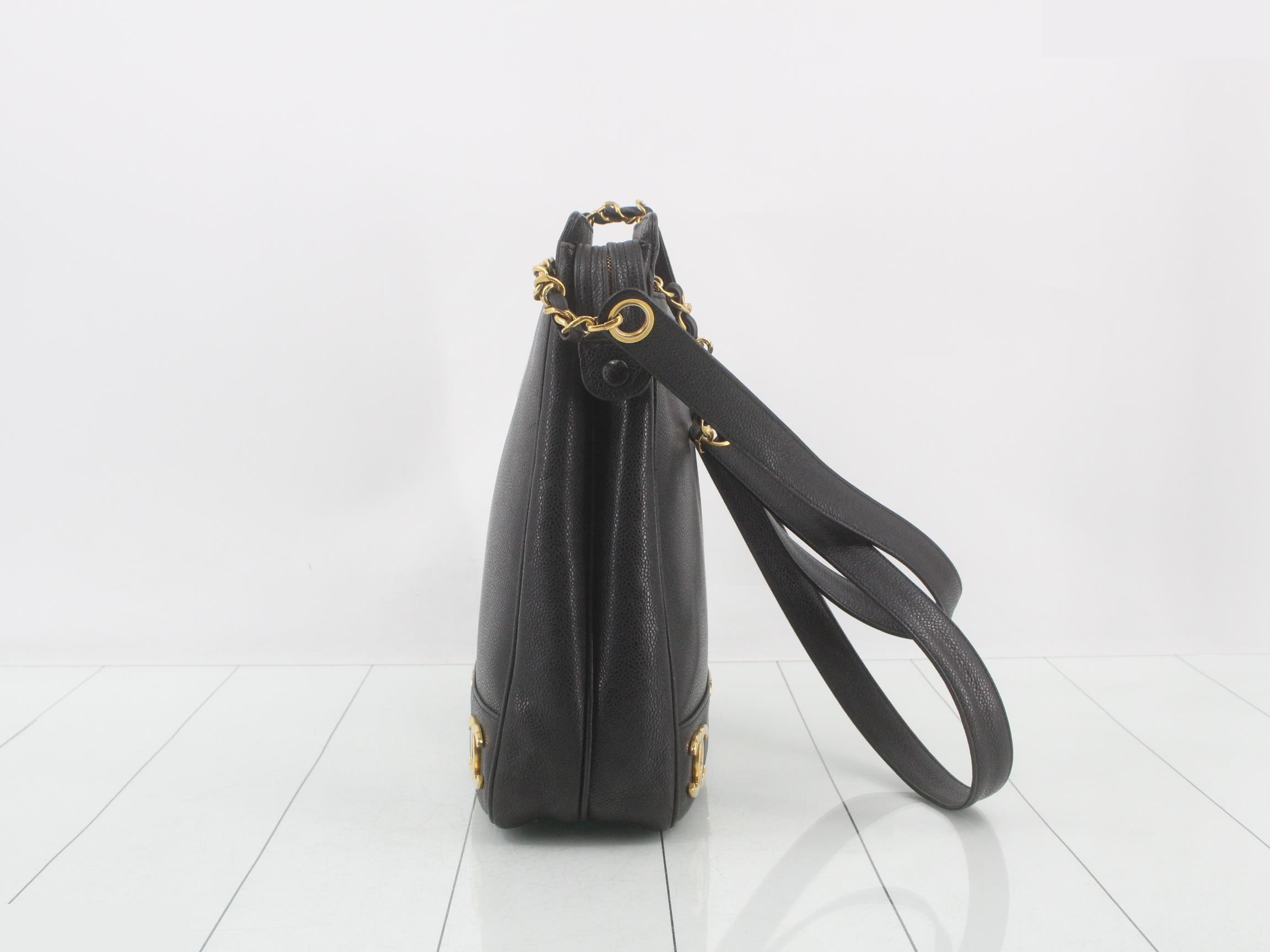 Caviar Skin Triple Coco Mark Chain Tote Bag, Black — view 3