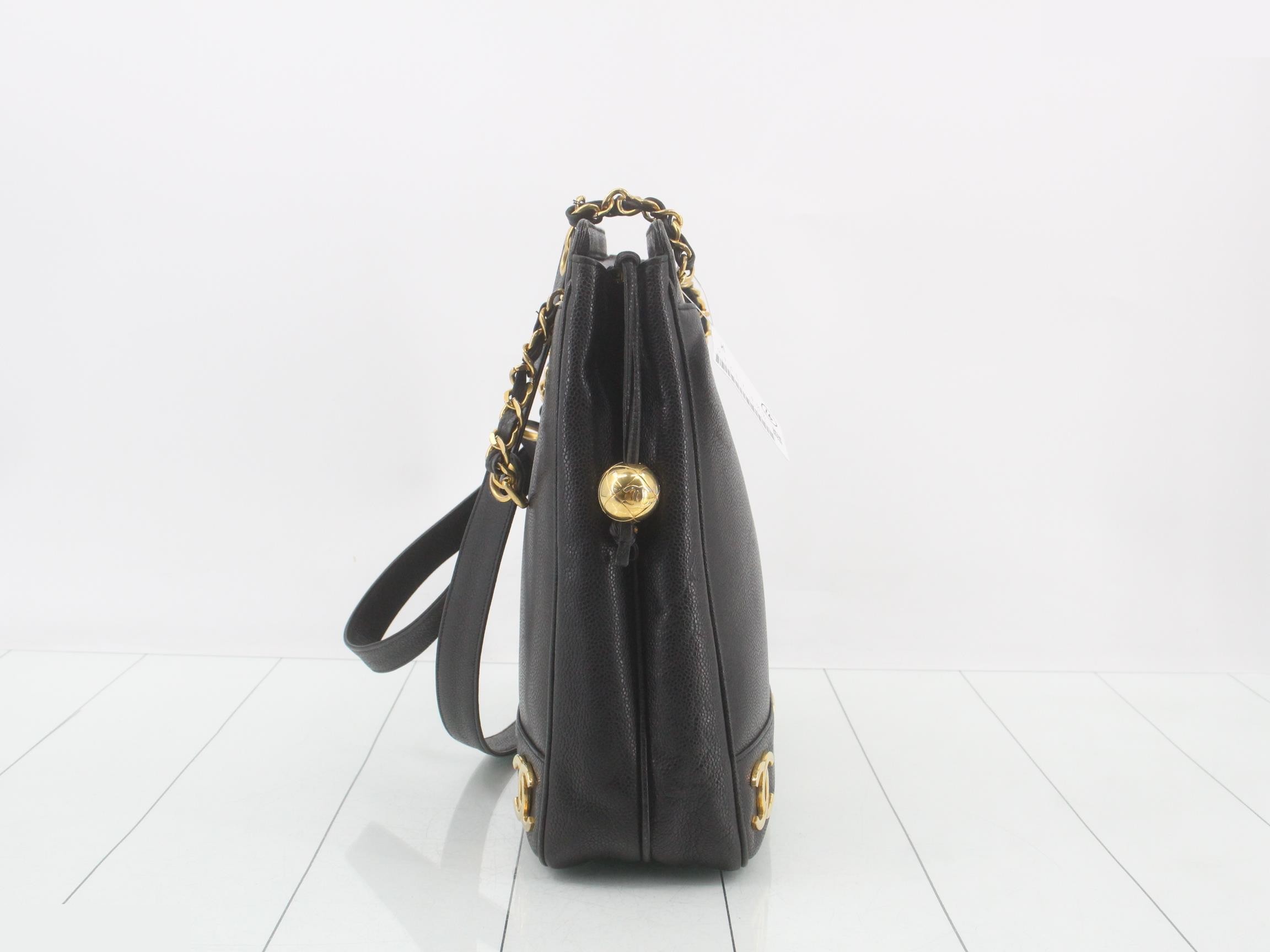 Caviar Skin Triple Coco Mark Chain Tote Bag, Black — view 4