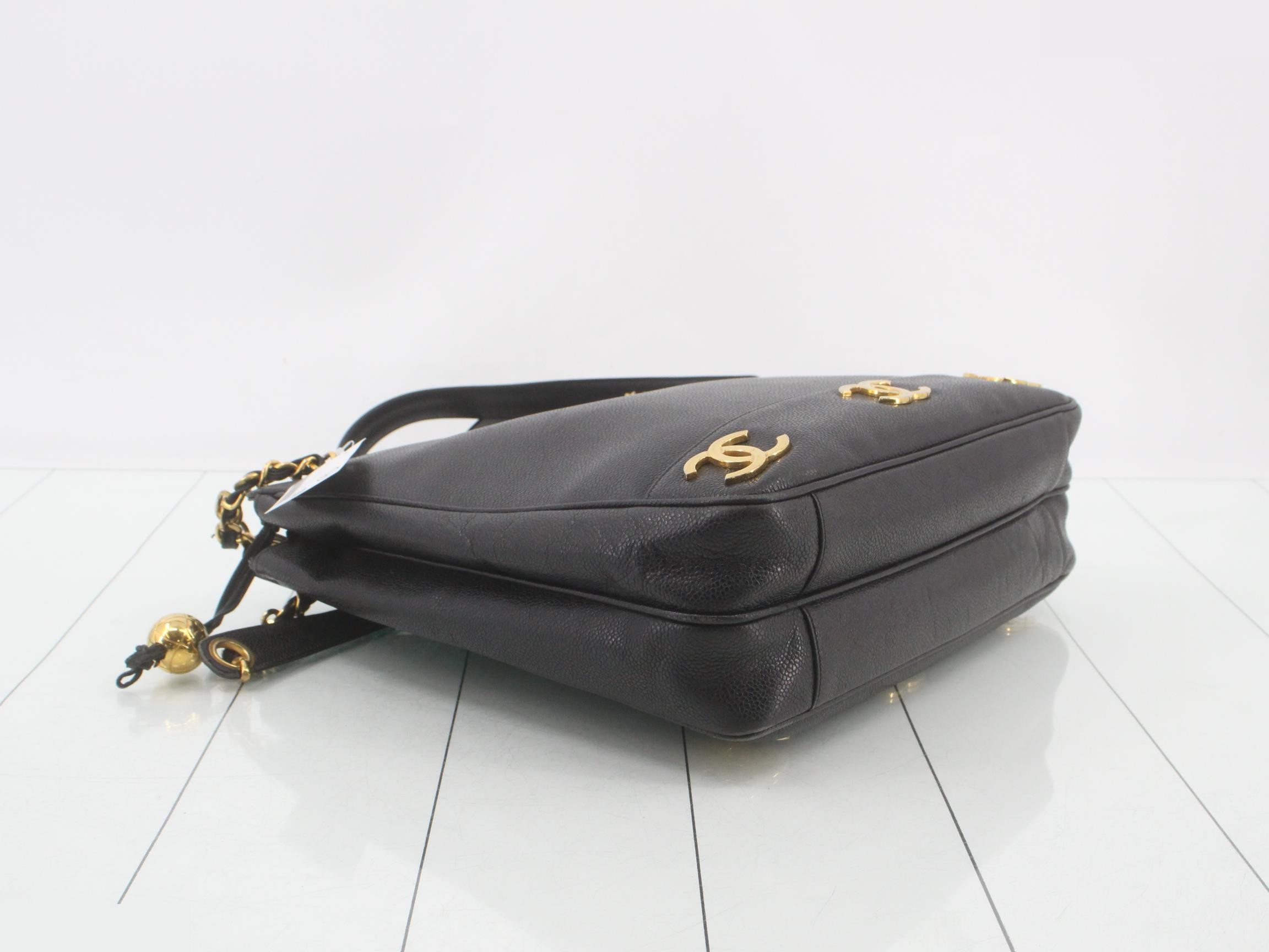 Caviar Skin Triple Coco Mark Chain Tote Bag, Black — view 5