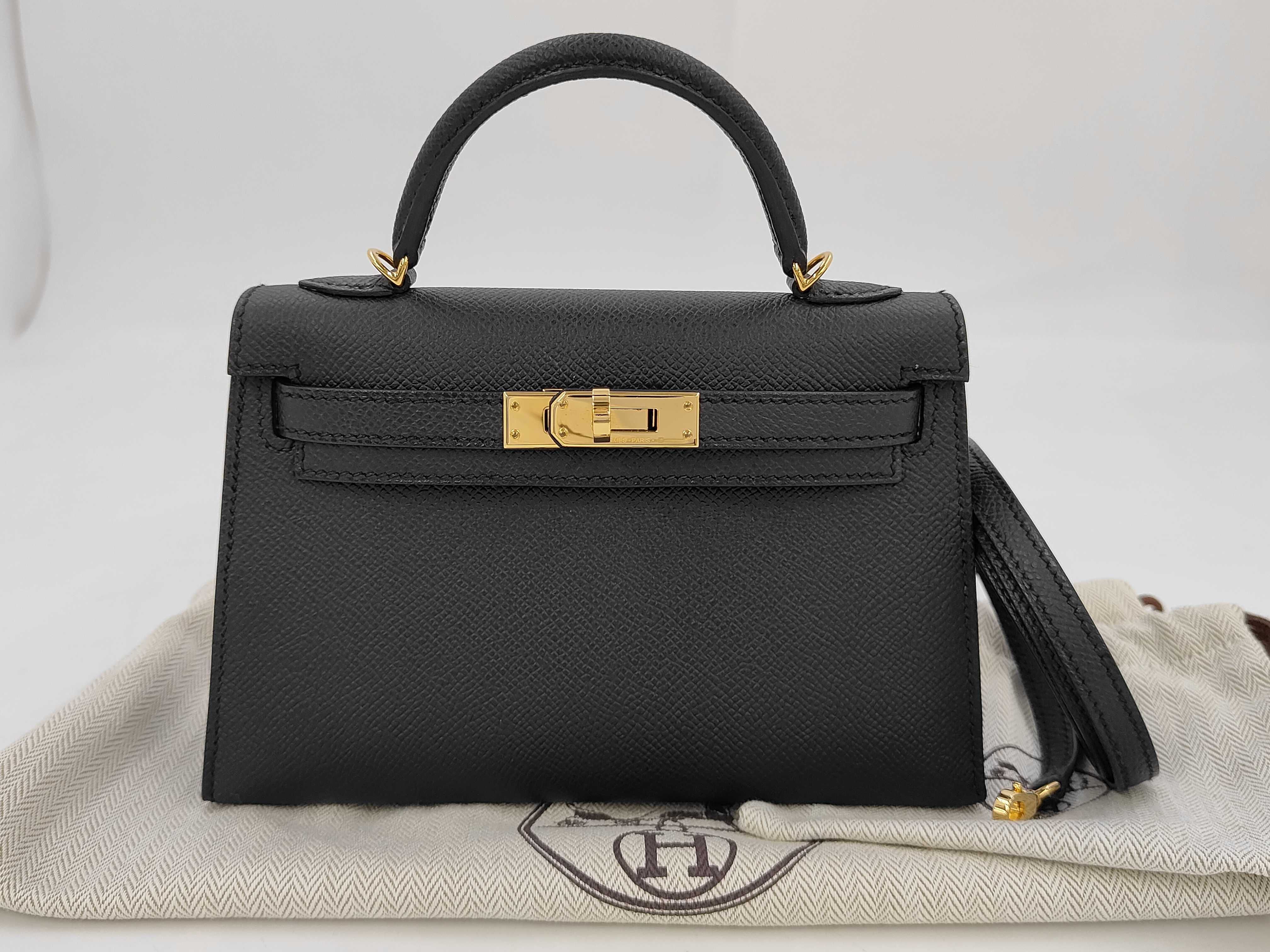 Mini Kelly W engraved gold Epson black handbag