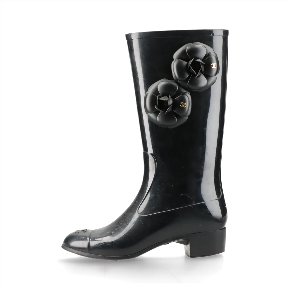 Coco Mark Camellia Rubber Rain Boots, Size 36, Women's, Black.